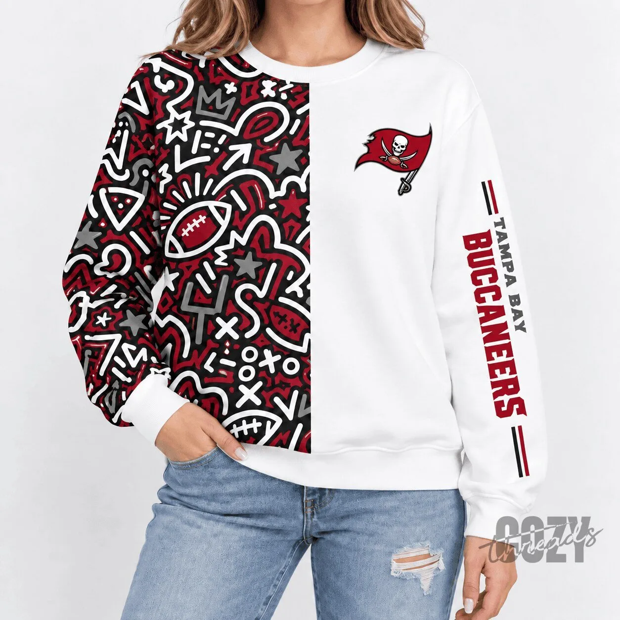 Tampa Bay Buccaneers Football Team Doodle Pattern White Crewneck Sweatshirt