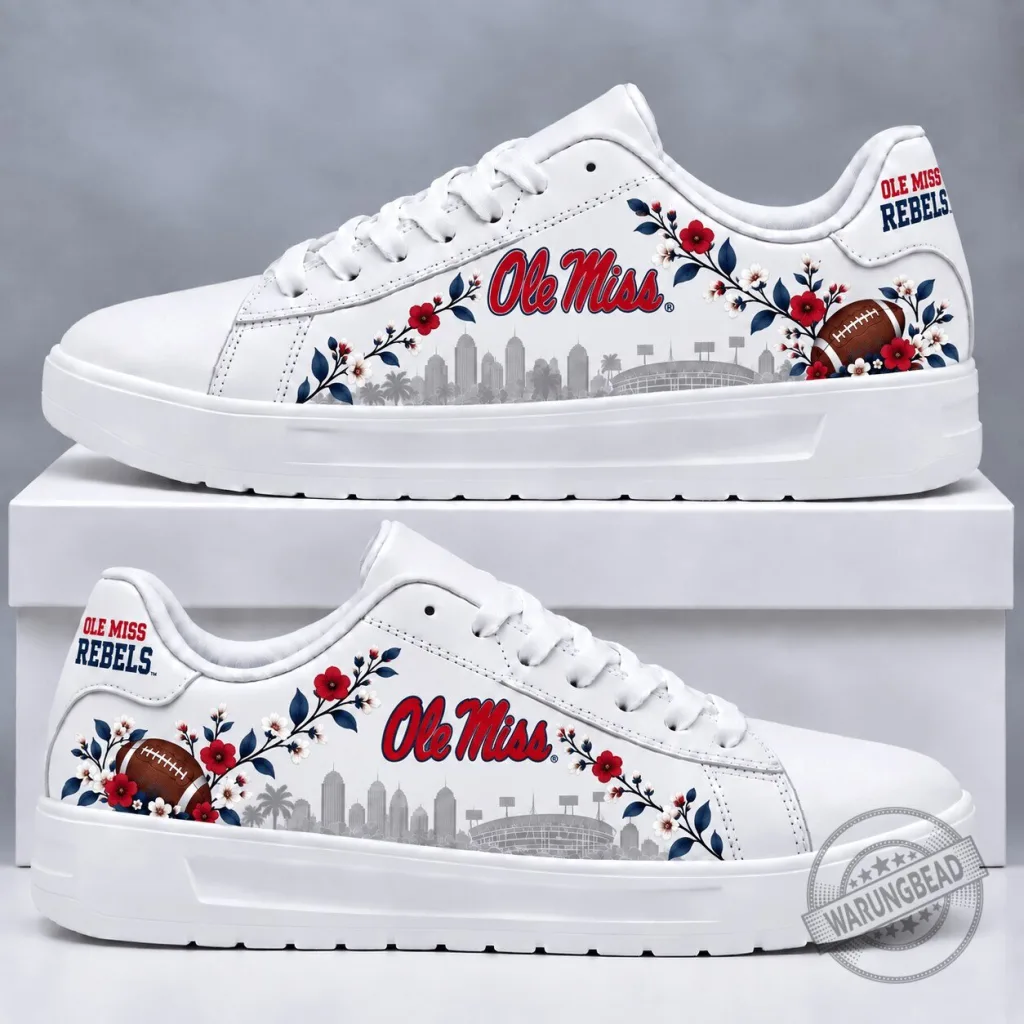 Ole Miss Rebels Floral Football Team Logo White Sneakers Ole Miss Rebels Floral Football Team Logo White Sneakers