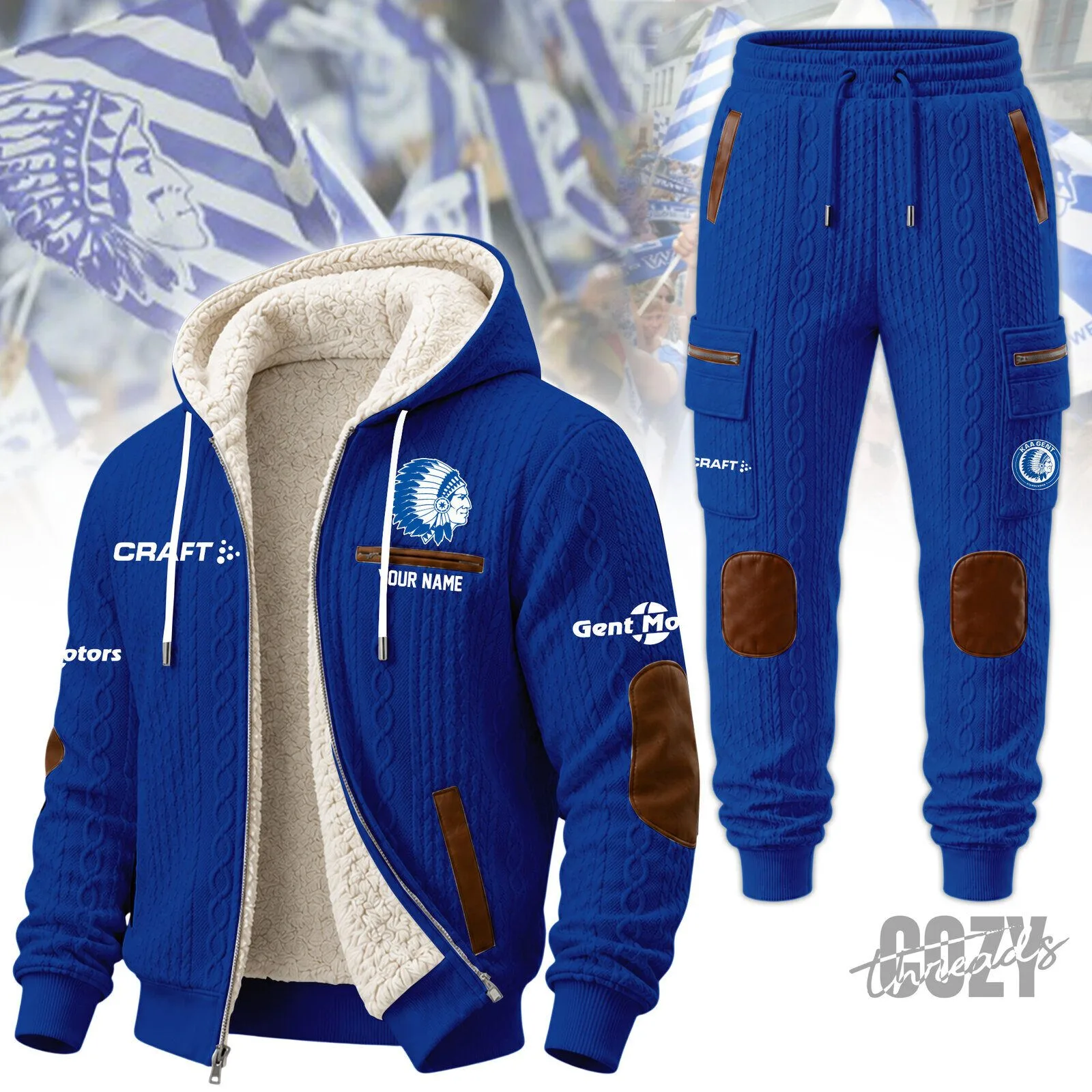 Gent Motors Blue Knitted Sherpa Lined Hoodie and Jogger Pants Set