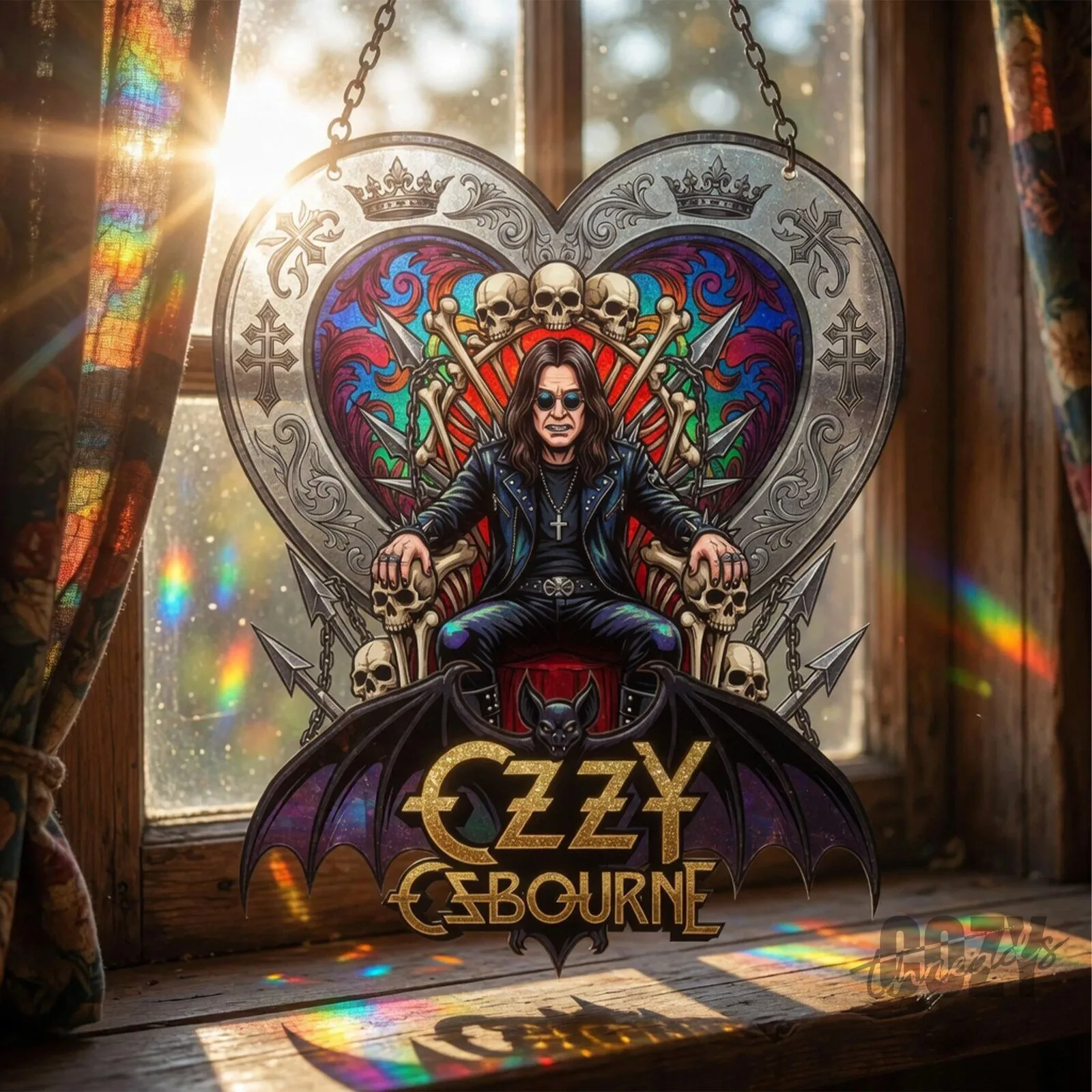Ozzy Osbourne Skull Throne Heart Stained Glass Suncatcher