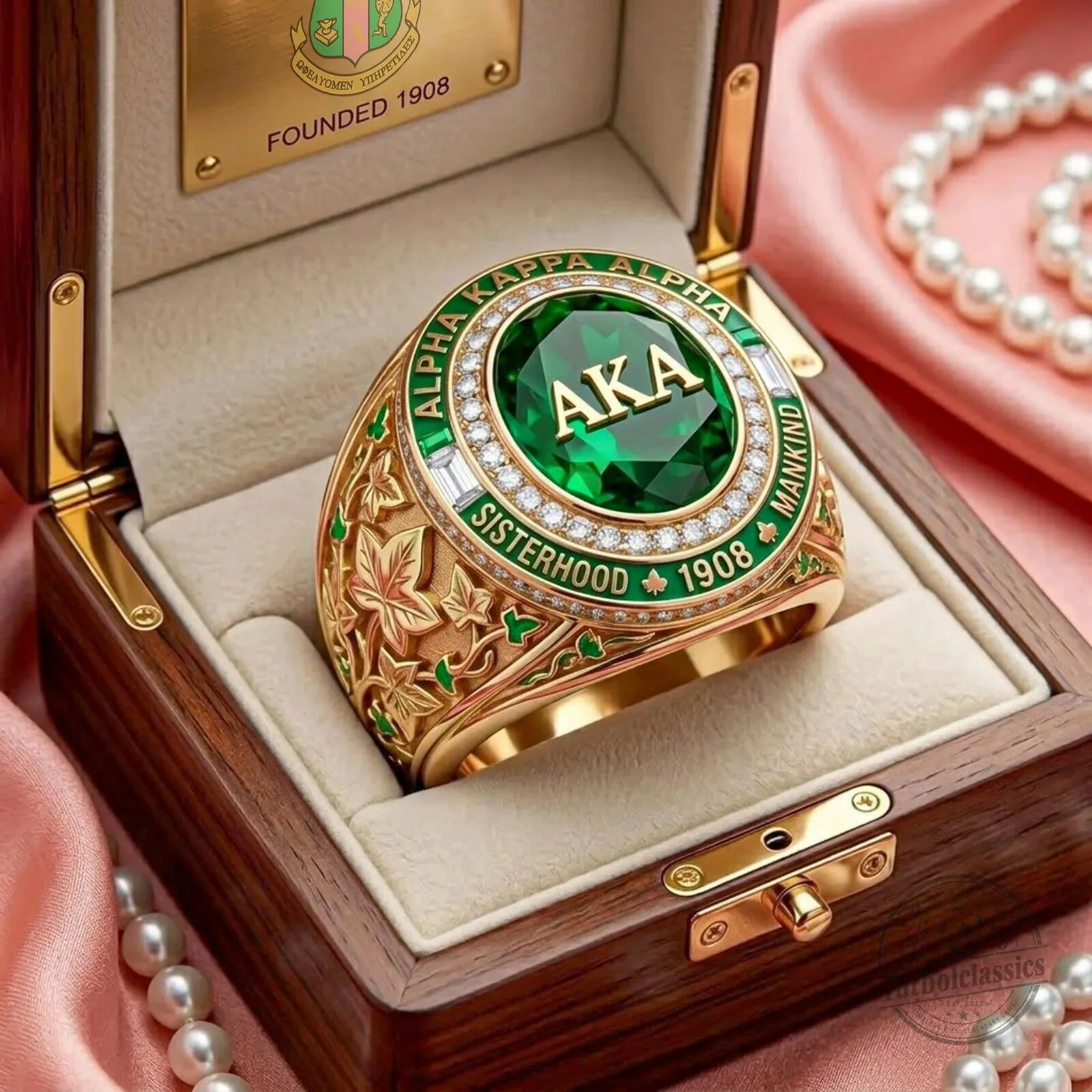 Alpha Kappa Alpha Sisterhood Emerald Green Gold Plated Ring