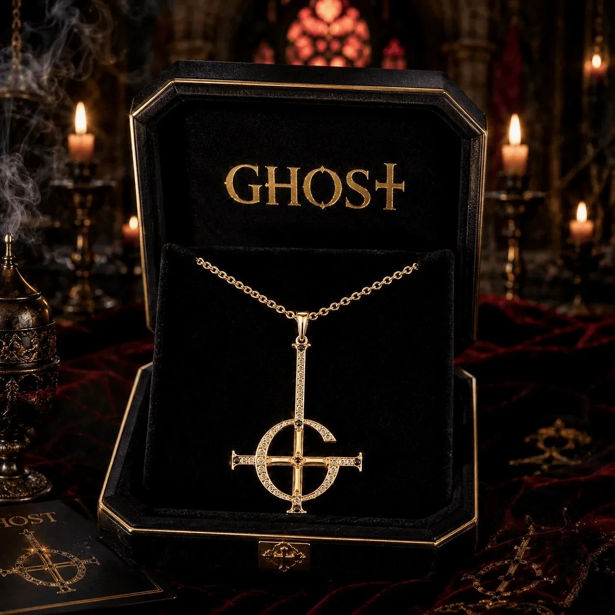 Gold Diamond Cross Pendant Necklace by Ghost Band featuring Papa Emeritus IV