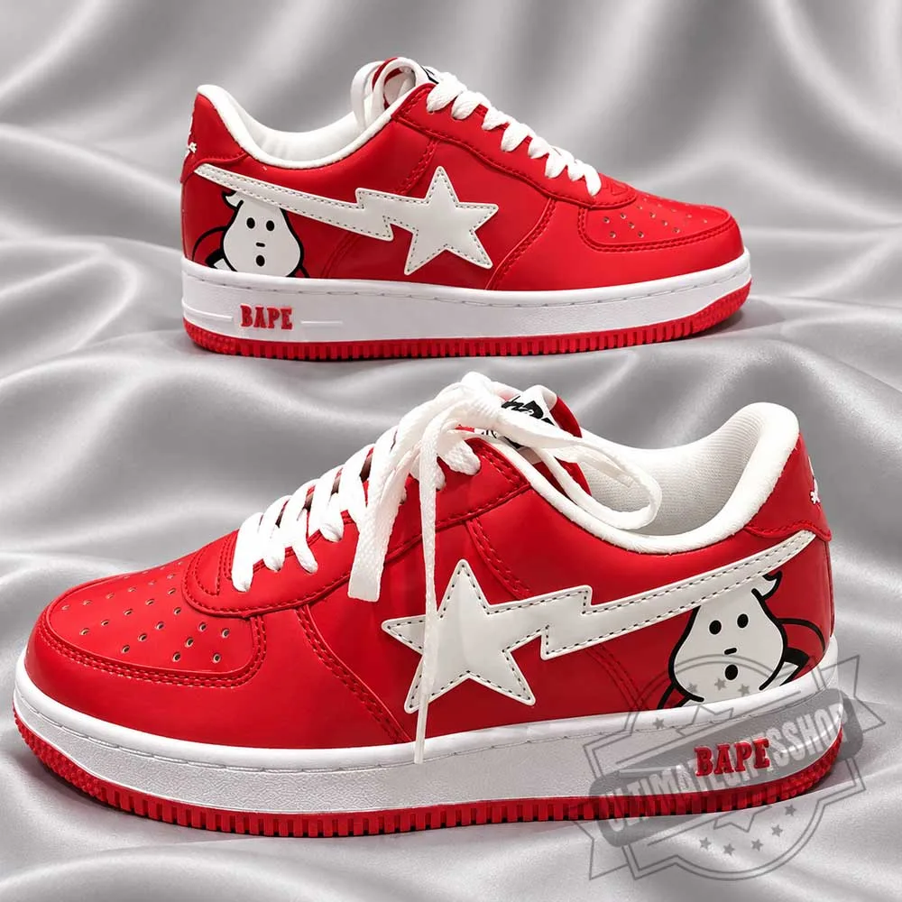 BAPE x Ghostbusters Bapesta Low Red Baby Milo Patent Sneakers Shoes