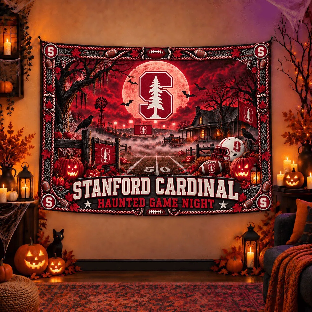 Stanford Cardinal Halloween Haunted Game Night Football Wall Tapestry