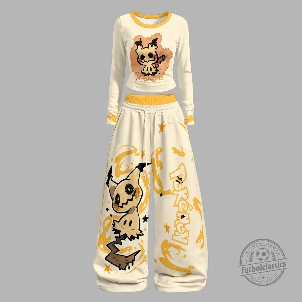 Pokemon Mimikyu Ghost Type Character Long Sleeve Crop Top and Wide Leg Pants Set