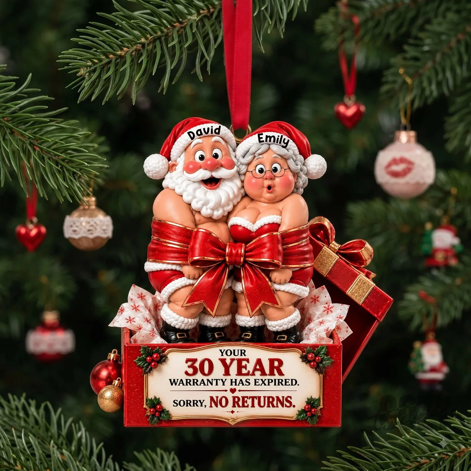 Personalized Christmas Couple Ornament with 30 Year Warranty Expired Design