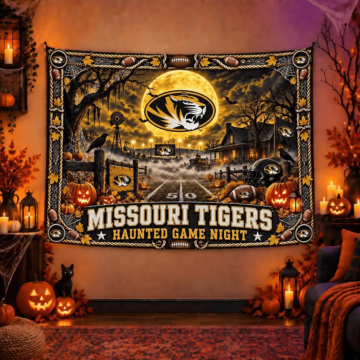 Missouri Tigers Haunted Game Night Halloween Football Wall Tapestry