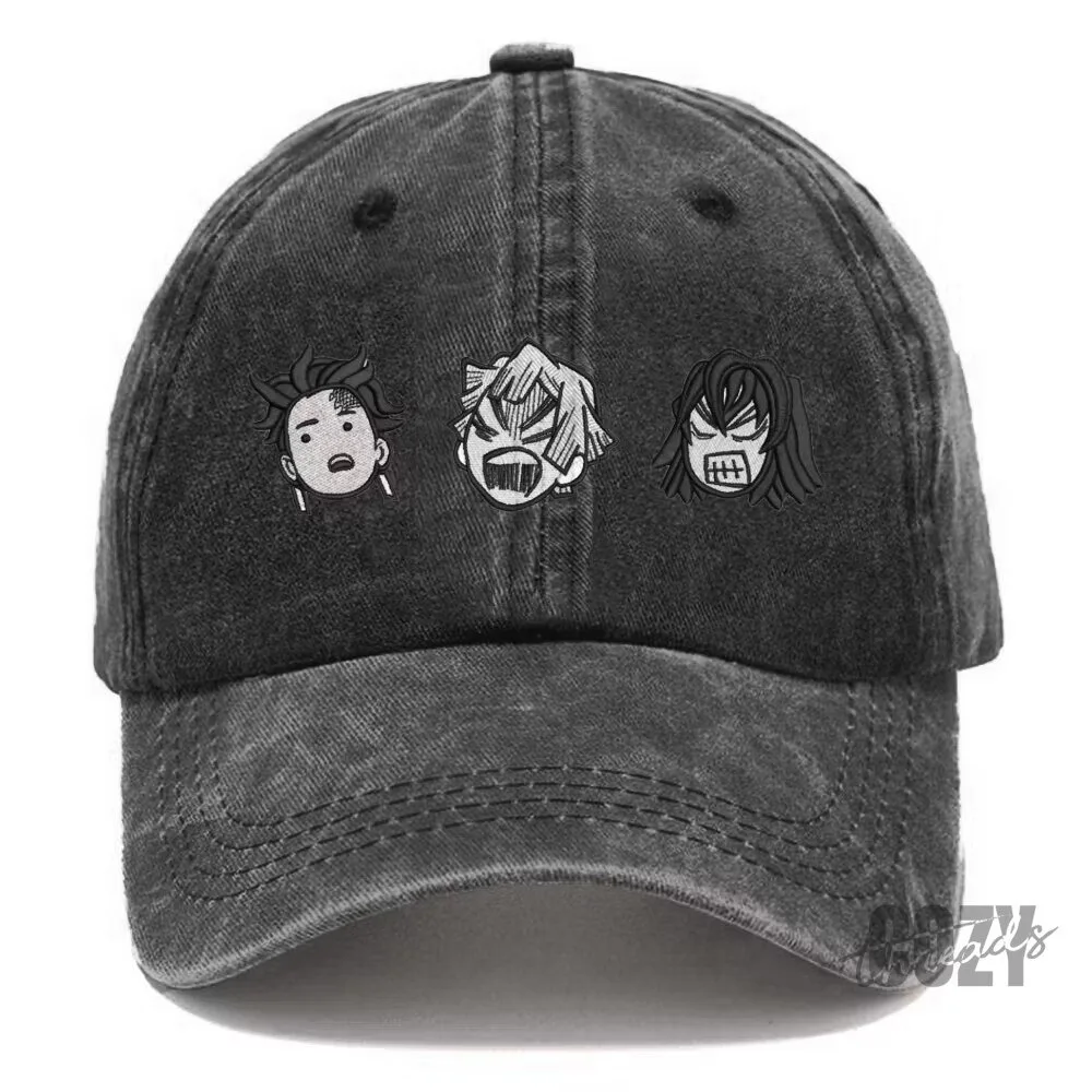 Demon Slayer Tanjiro Zenitsu Inosuke Embroidered Black Washed Baseball Cap Hat