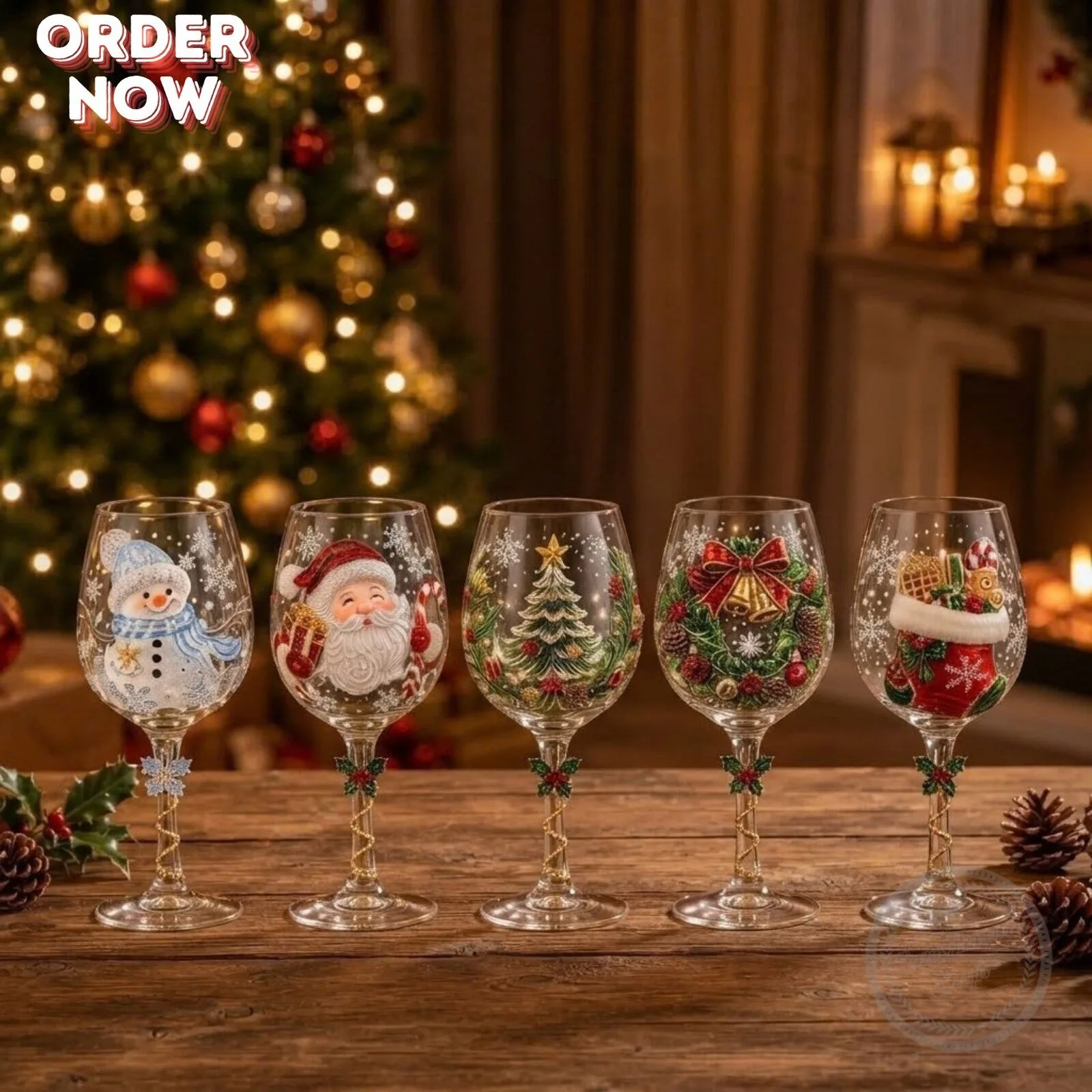 Festive Christmas Theme Wine Glasses – Set of 5 Holiday Printed Goblets 4 Festive Christmas Theme Wine Glasses – Set of 5 Holiday Printed Goblets