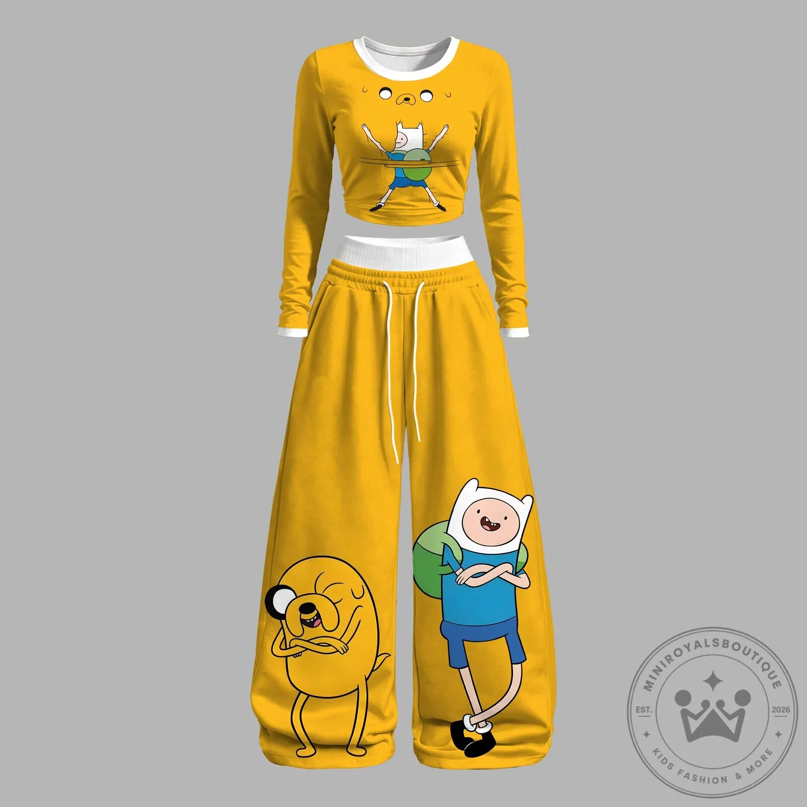 Adventure Time Finn and Jake Cartoon Character Yellow Long Sleeve Crop Top and Pants Set 1 Adventure Time Finn and Jake Cartoon Character Yellow Long Sleeve Crop Top and Pants Set