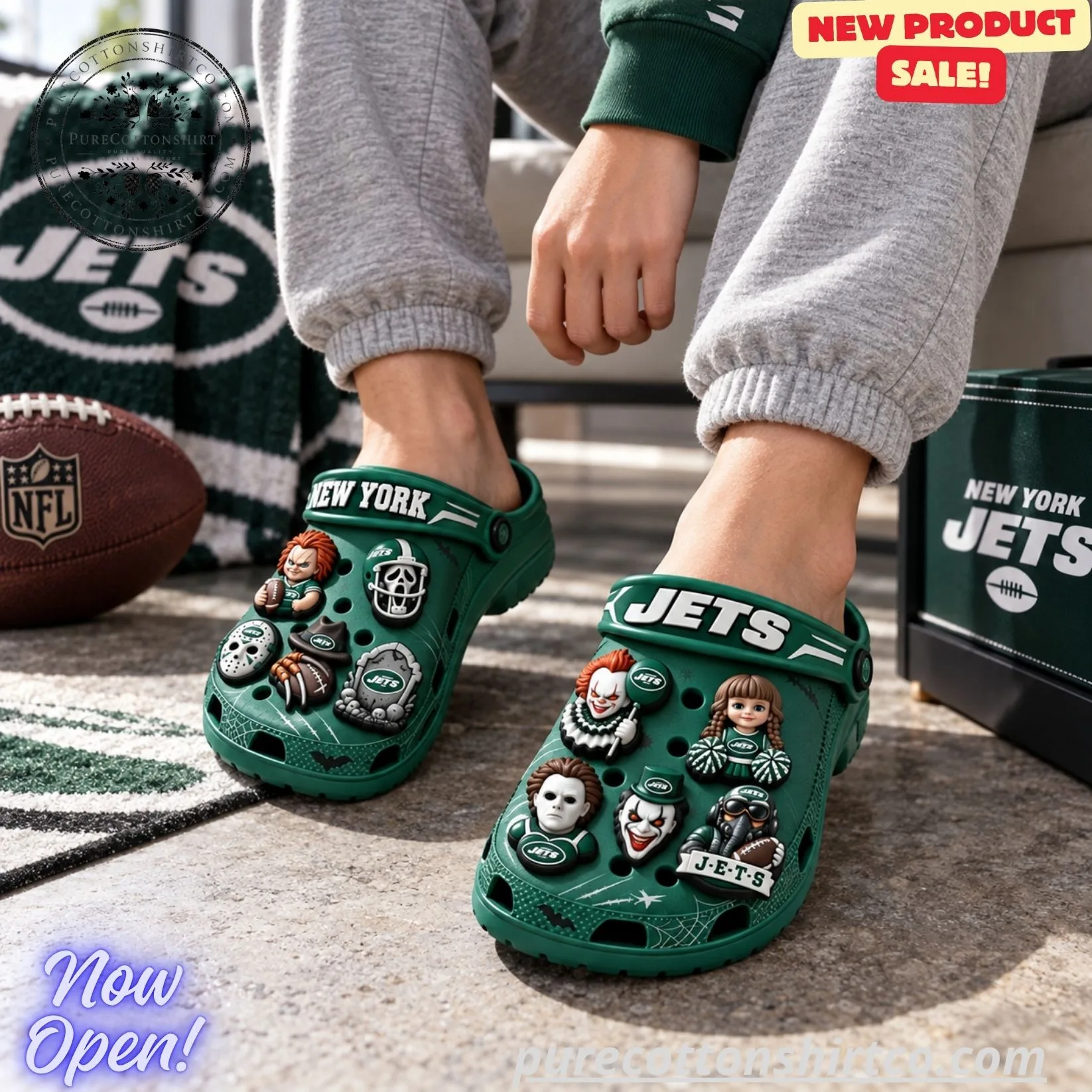 New York Jets Horror Characters Clogs (1) New York Jets Horror Characters Clogs – Halloween Football Fan Clog Shoes (No Box) — image 2