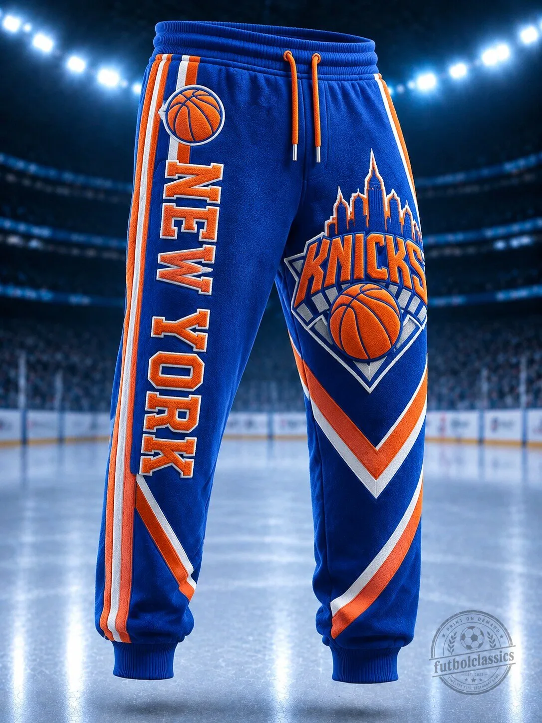 New York Knicks Basketball Team Logo Blue Orange Striped Jogger Pants