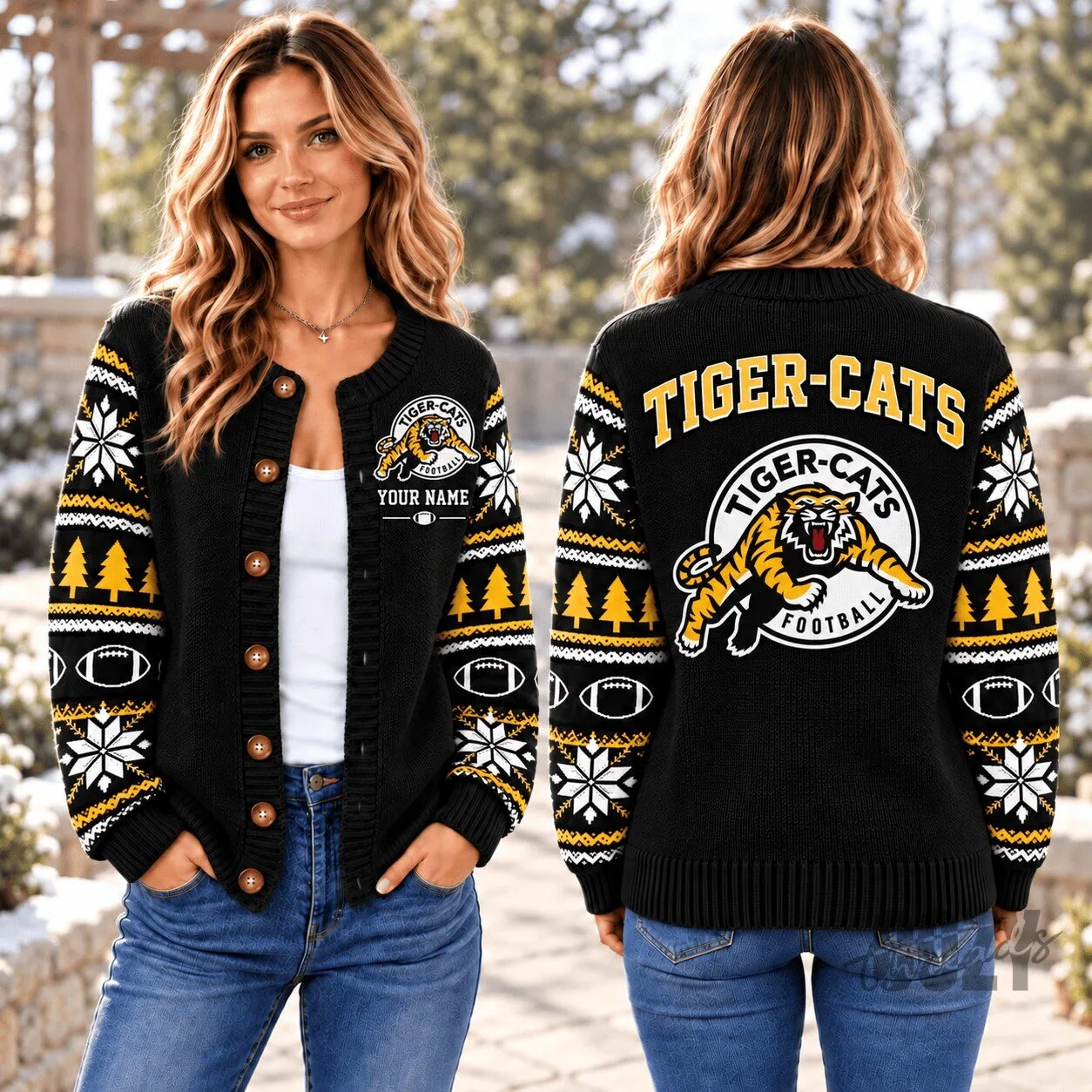 Hamilton Tiger-Cats Football Team Custom Name Ugly Christmas Cardigan Sweater