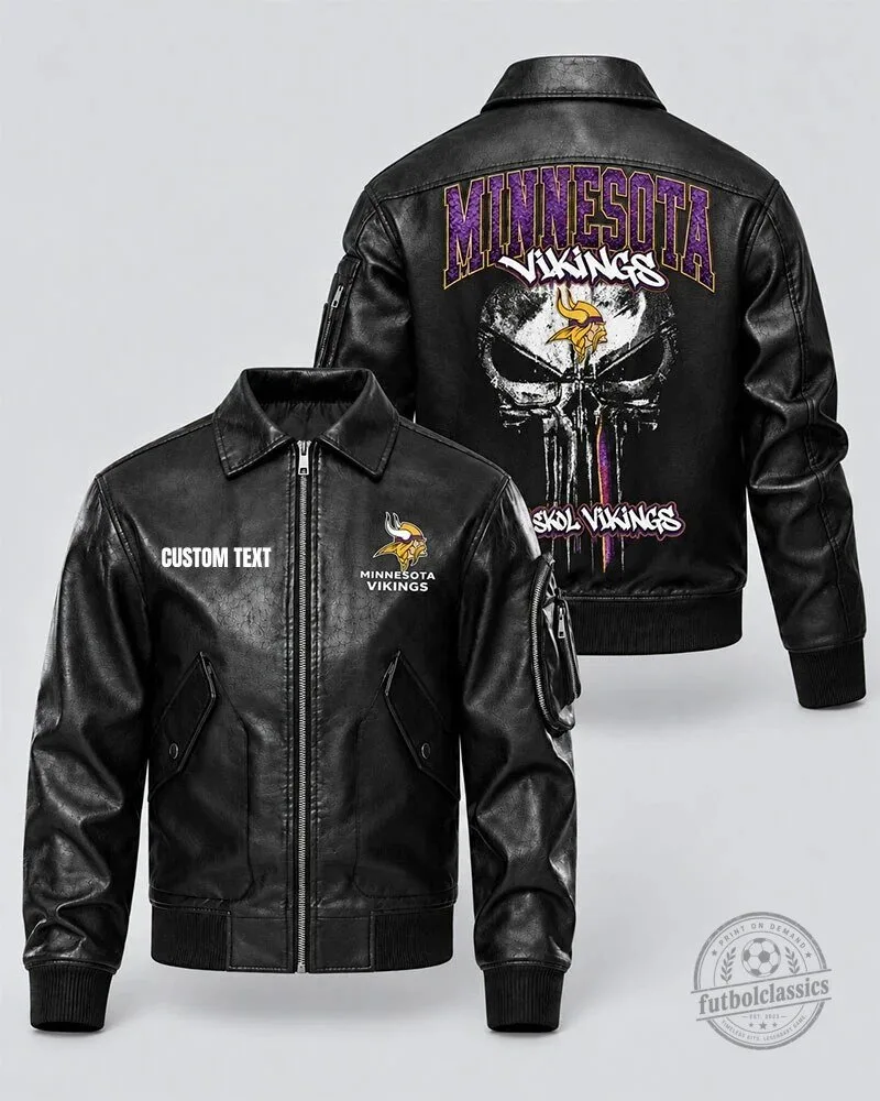 Minnesota Vikings Skull Design Personalized Leather Bomber Jacket