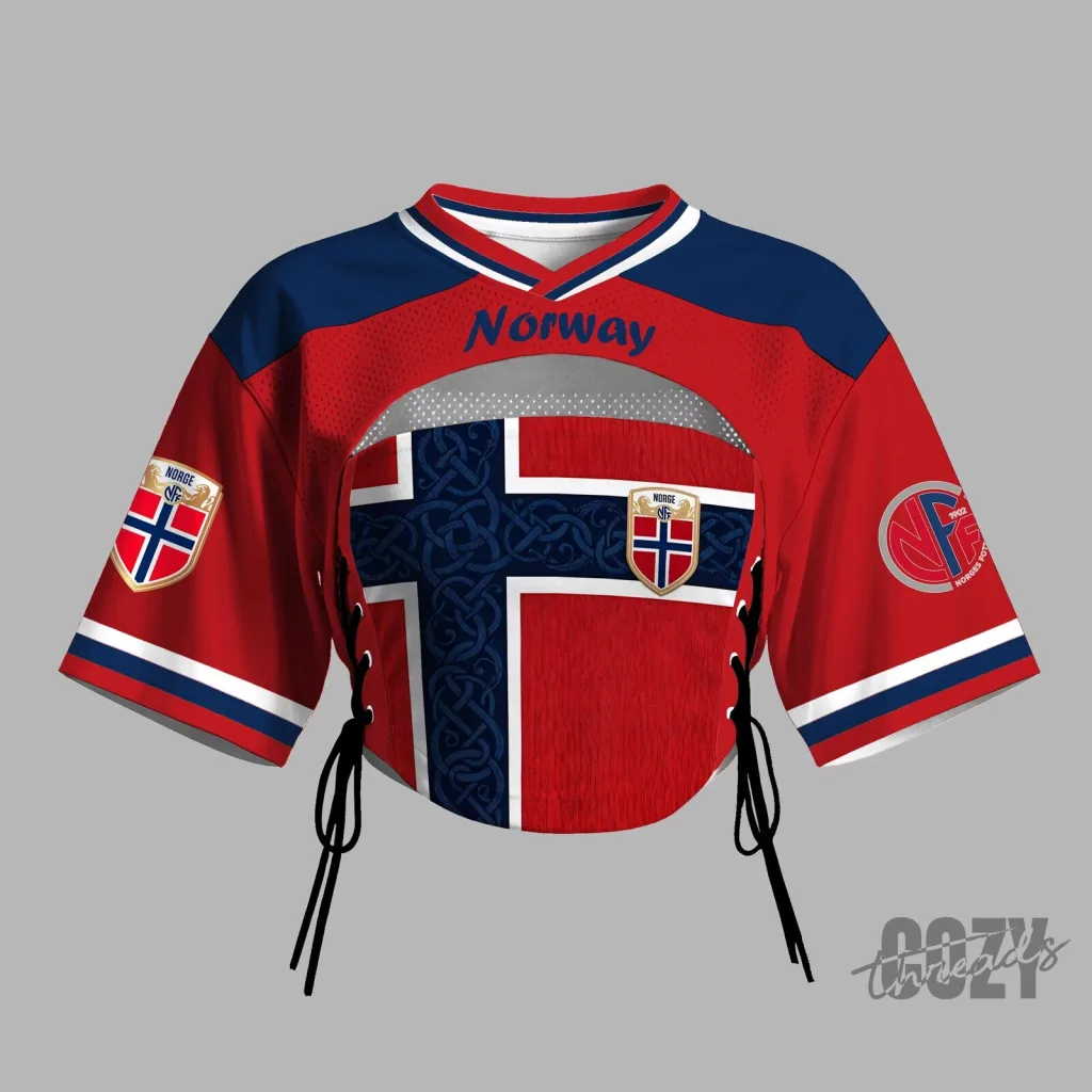 Norway National Football Team Red and Blue Crop Top Jersey for Women Norway National Football Team Red and Blue Crop Top Jersey for Women