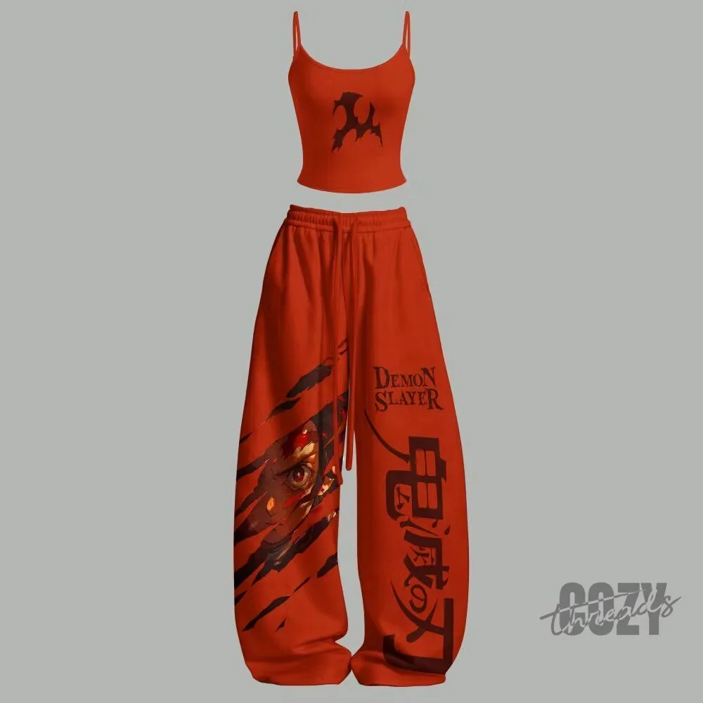 Demon Slayer Tanjiro Kamado Anime Crop Top and Baggy Pants Two-Piece Set
