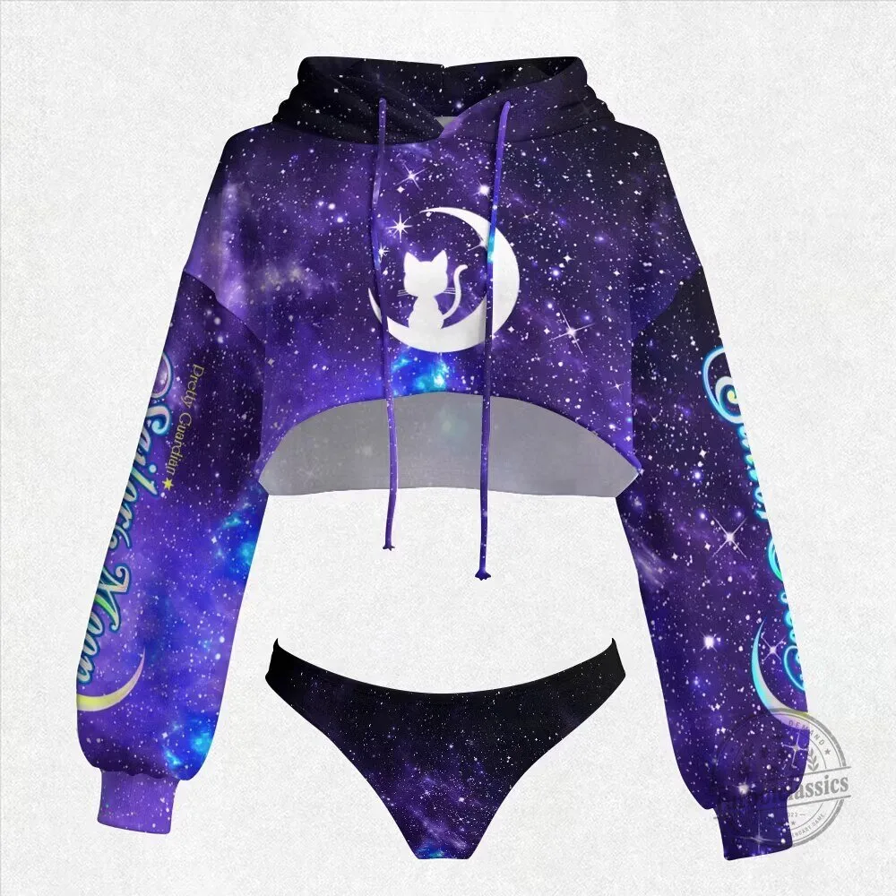 Sailor Moon Cat and Moon Galaxy Print Cropped Hoodie and Bikini Set
