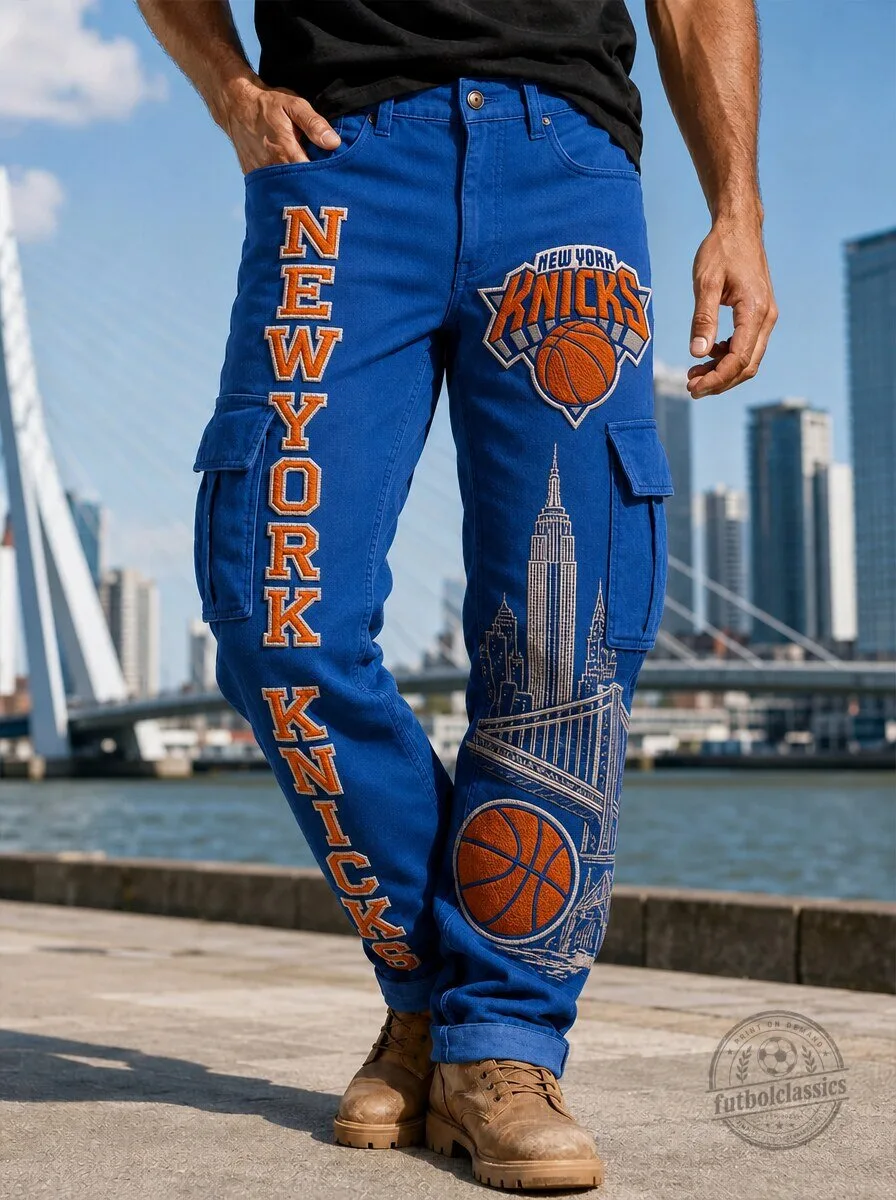 New York Knicks Basketball Team Logo Blue Embroidered Cargo Pants for Men
