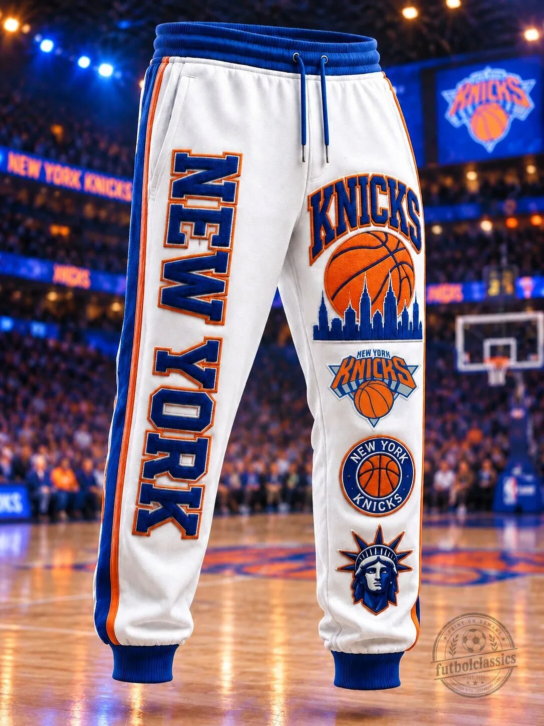 New York Knicks Basketball Team Logo White Jogger Pants