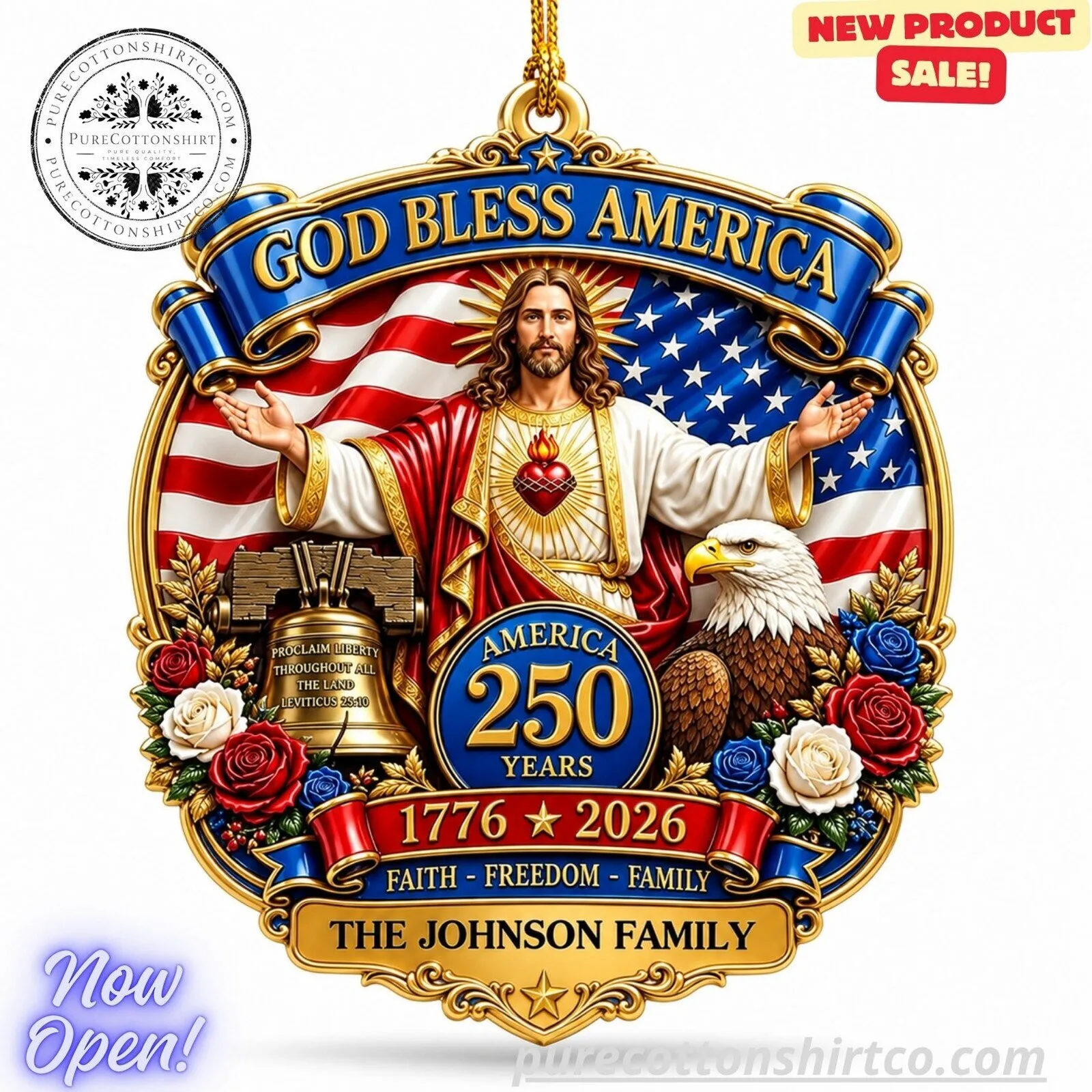 Bless America 250 Years Jesus & American Flag Custom Family Ornament