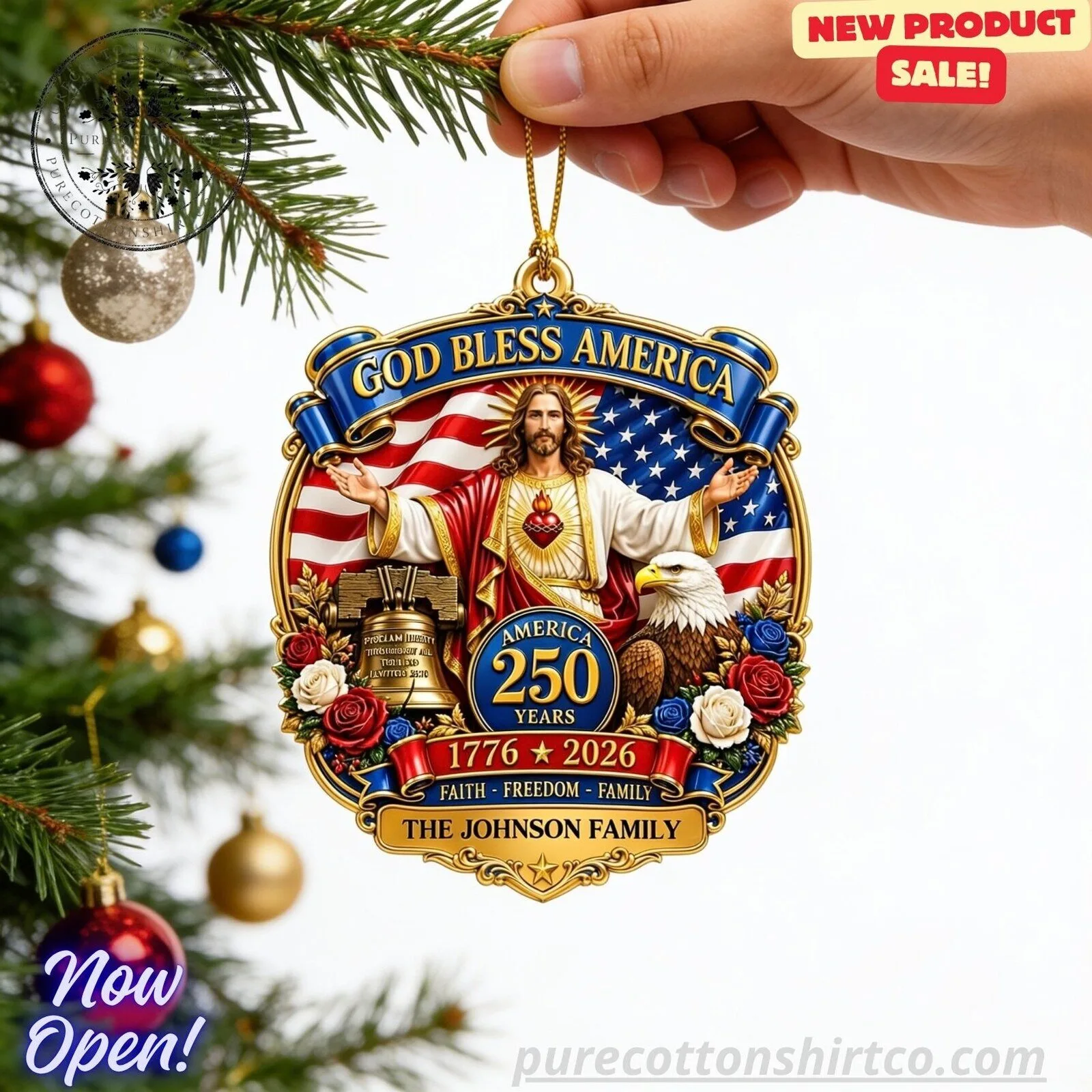 Bless America 250 Years Jesus & American Flag Custom Family Ornament 6 Bless America 250 Years Jesus & American Flag Custom Family Ornament
