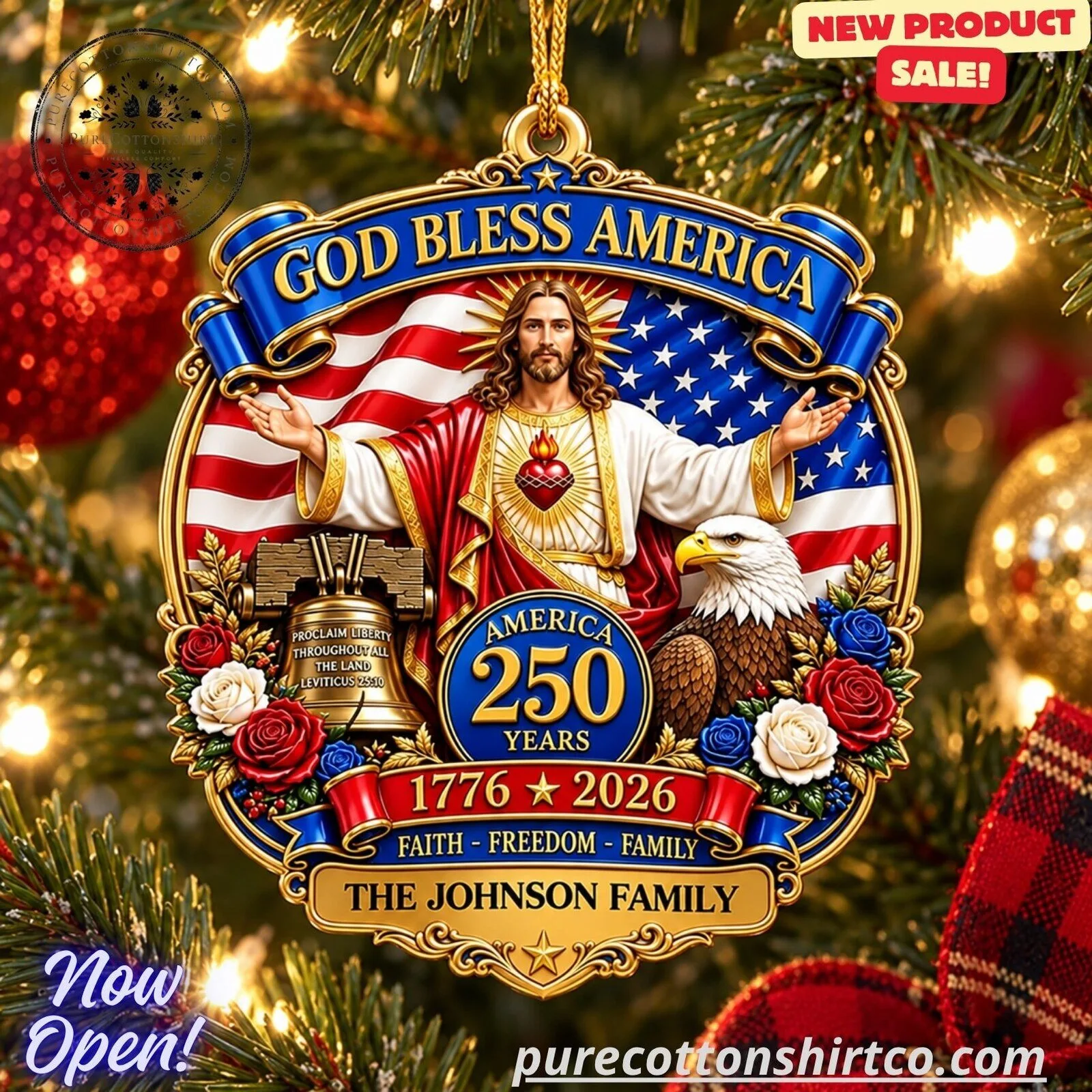 Bless America 250 Years Jesus & American Flag Custom Family Ornament 7 Bless America 250 Years Jesus & American Flag Custom Family Ornament