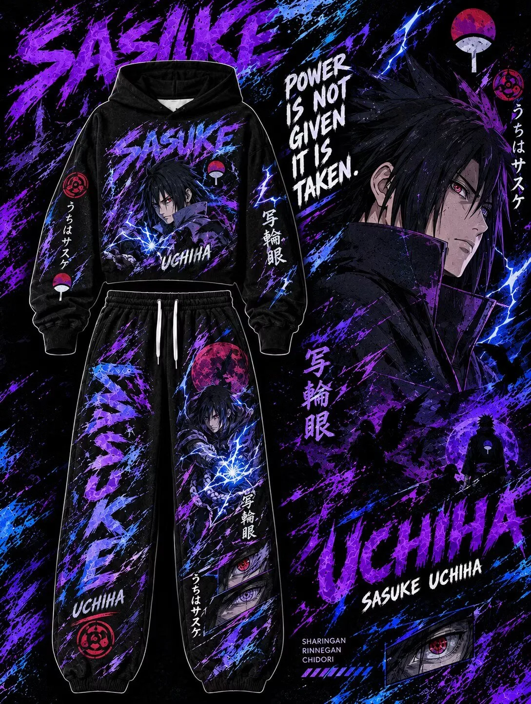 Sasuke Uchiha Naruto Anime Manga Sharingan Rinnegan Chidori Hoodie and Pants Set