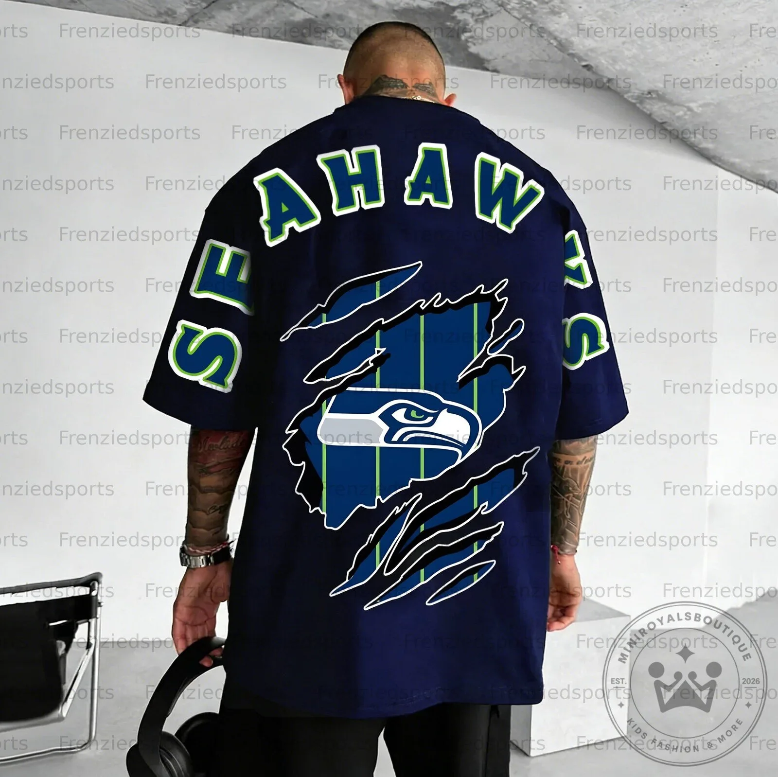 Seattle Seahawks Football Team Logo Ripped Design Navy Blue T-Shirt