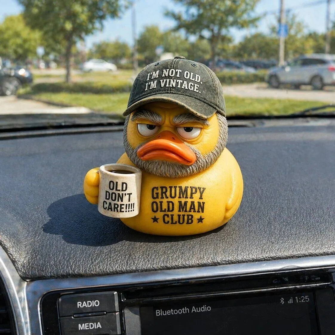 Grumpy Old Man Club Rubber Duck with Hat and Coffee Mug