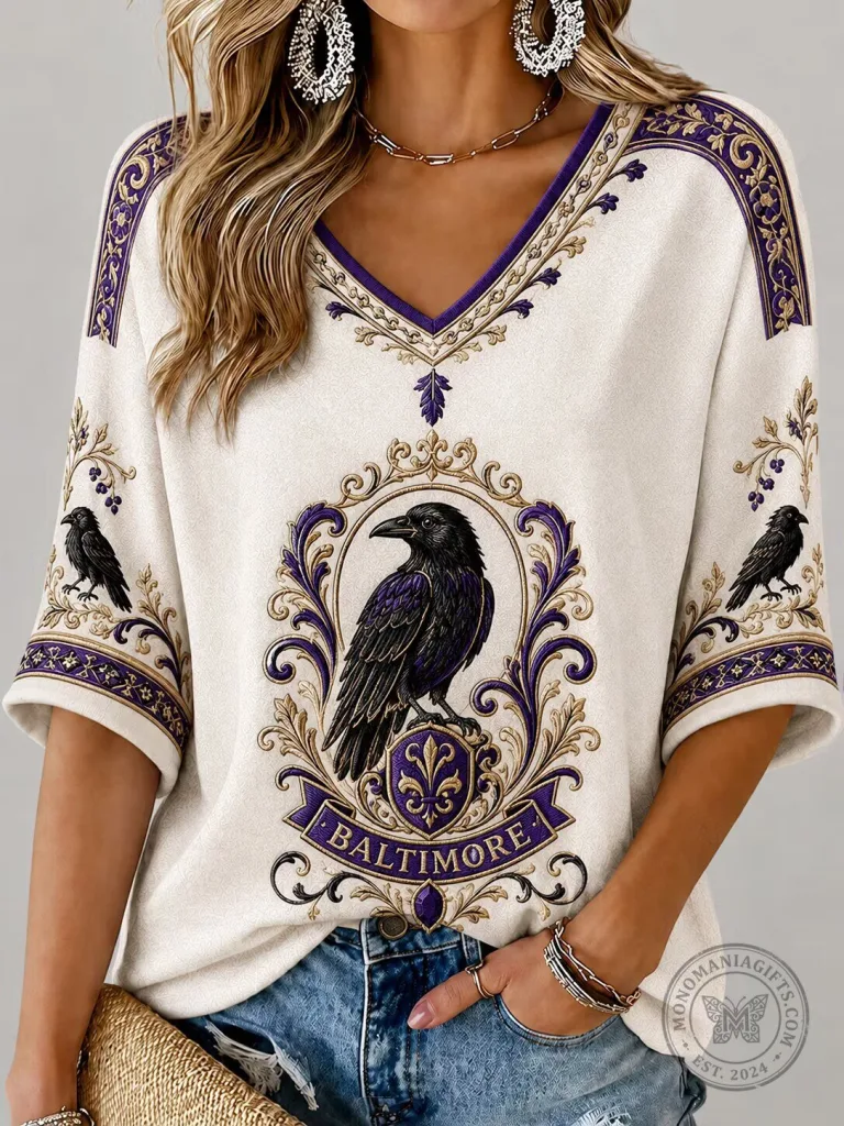 Baltimore Ravens Football Team Purple Raven Mascot Graphic V-Neck T-Shirt