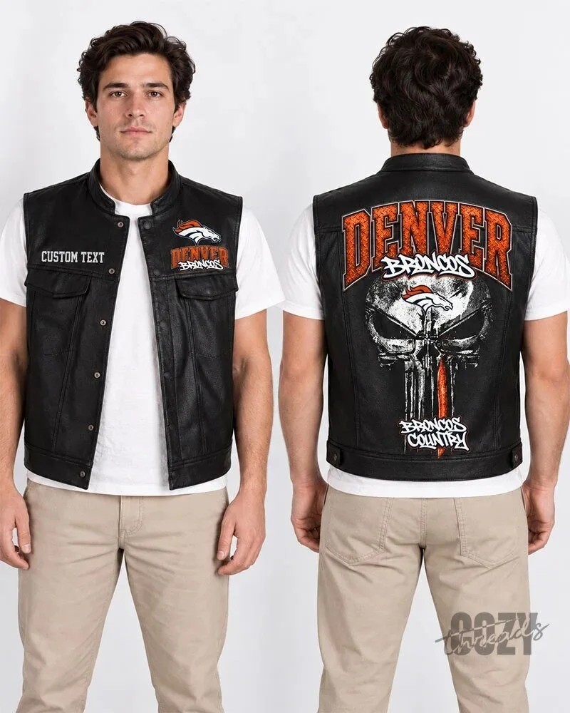 Denver Broncos Punisher Skull Custom Text Black Leather Vest