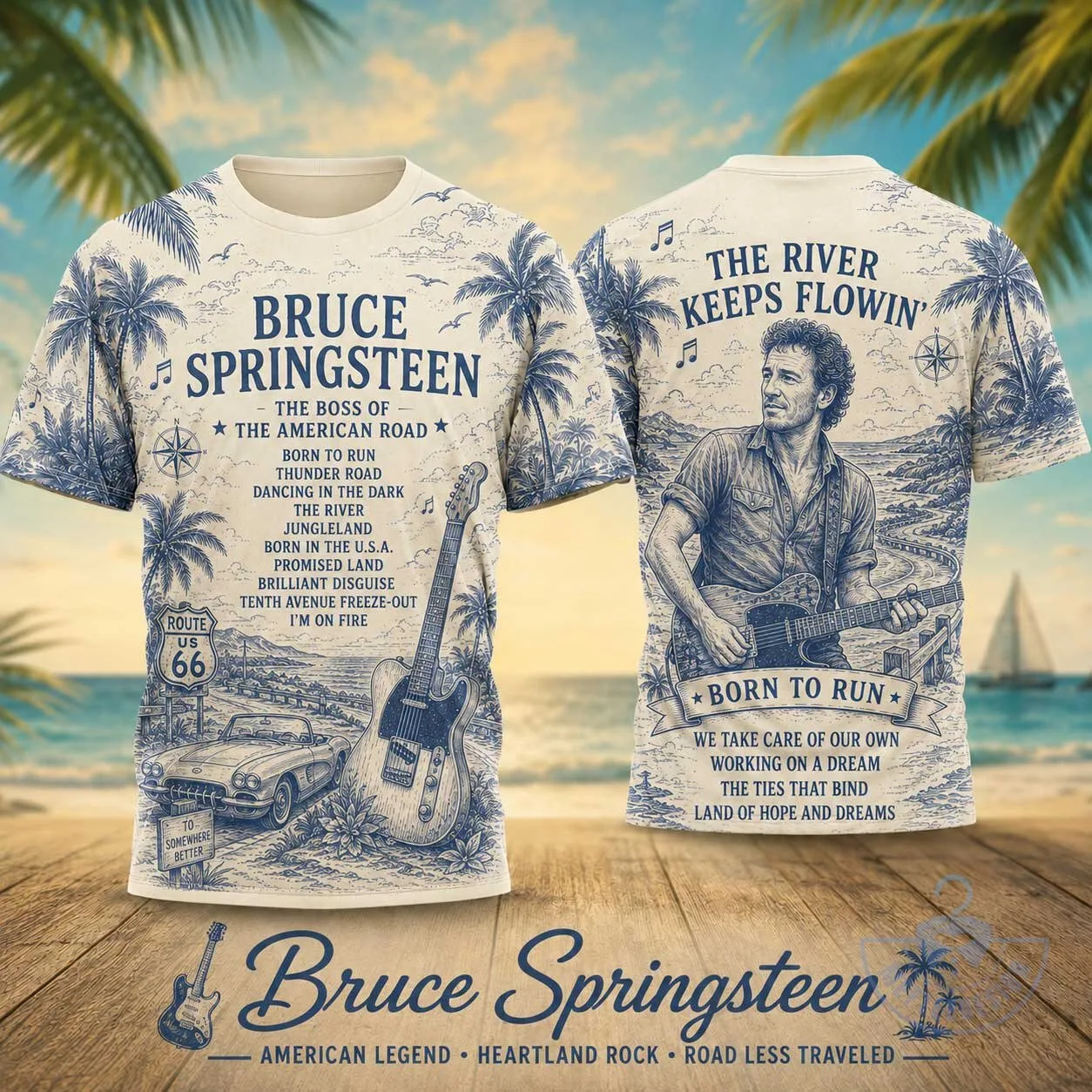 Bruce Springsteen Born to Run Beach Scene Graphic T-Shirt for Heartland Rock Fans