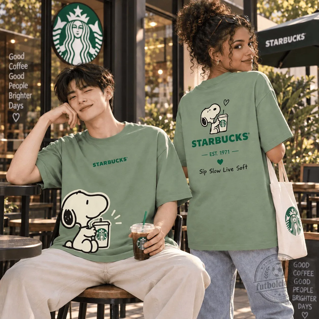 Snoopy Starbucks Sip Slow Live Soft Green Graphic T-Shirt