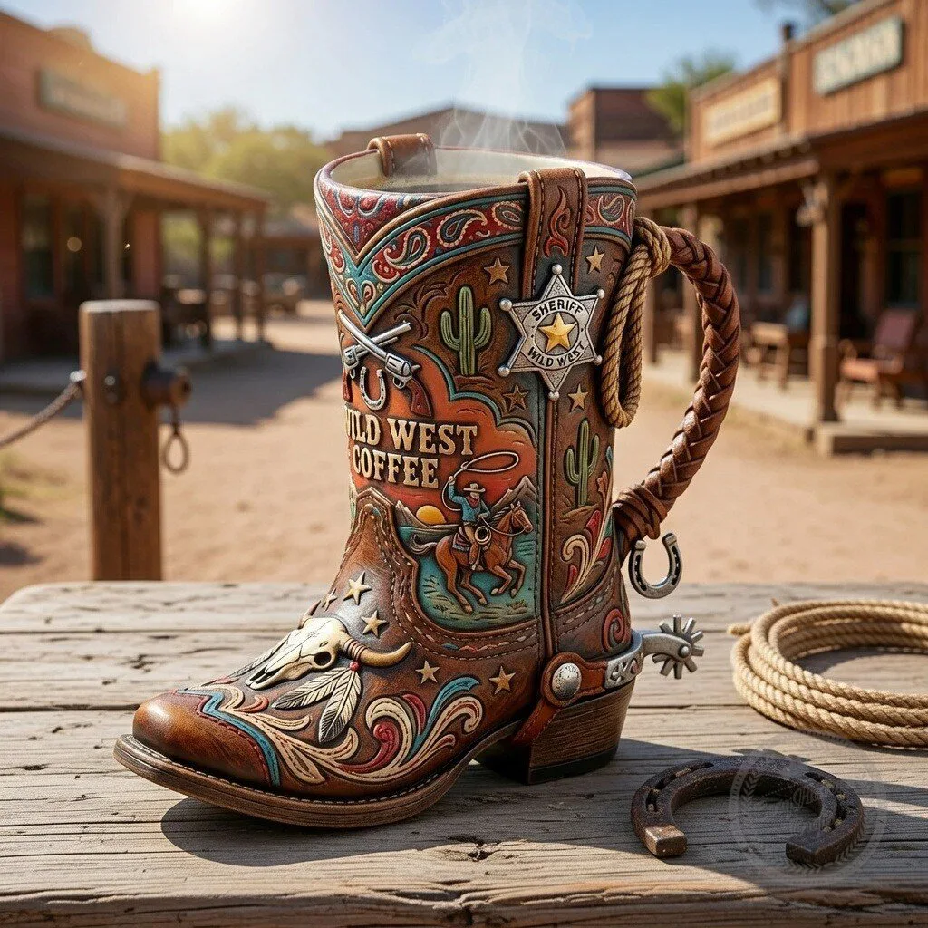 Wild West Cowboy Boot Coffee Mug - Vintage Western Country Leather Style Drinkware 2 Wild West Cowboy Boot Coffee Mug - Vintage Western Country Leather Style Drinkware