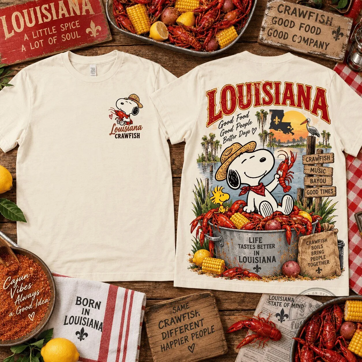 Snoopy Louisiana Crawfish Boil Good Food Good People Better Days T-Shirt