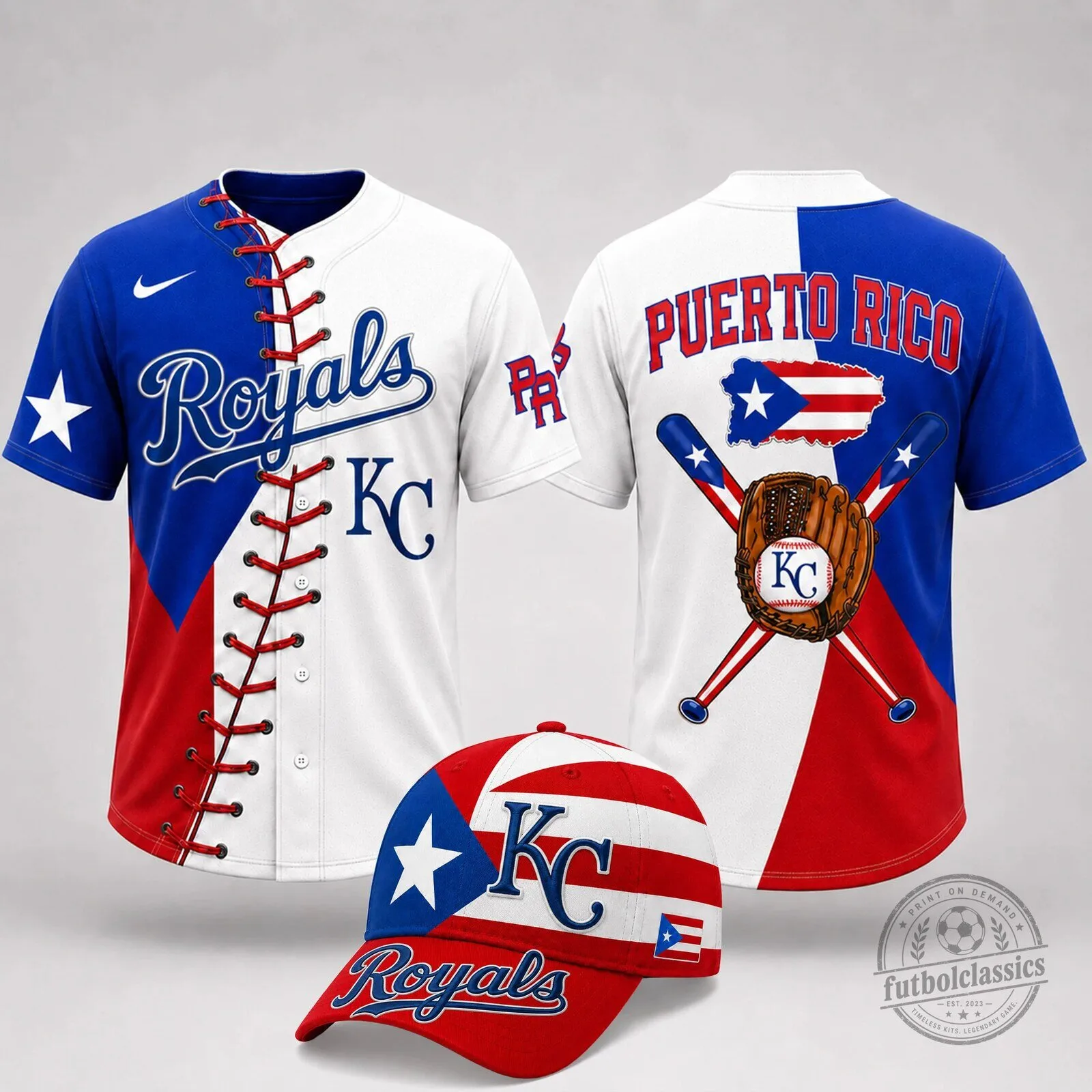 Kansas City Royals Baseball Puerto Rico Flag Jersey and Cap Set