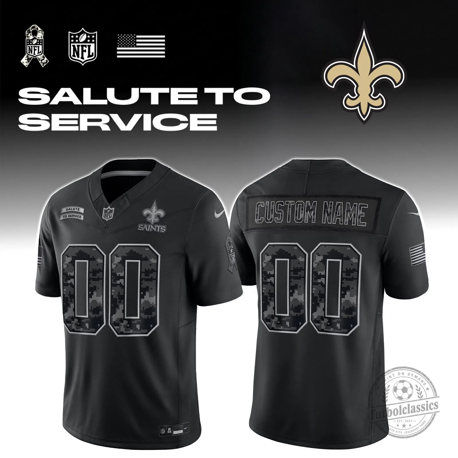 New Orleans Saints Salute To Service Custom Name And Number Football Jersey