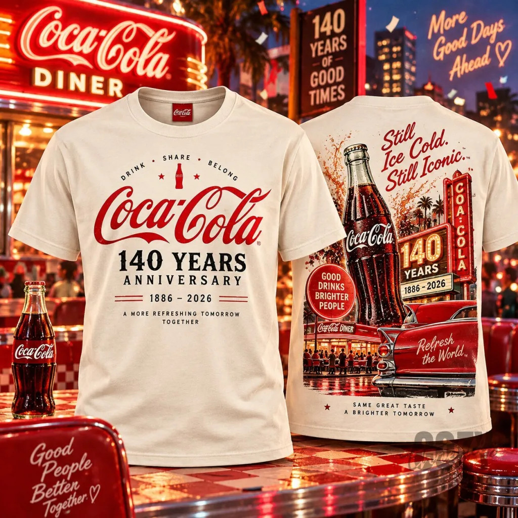 Coca-Cola 140 Years Anniversary 1886-2026 Diner Classic Bottle T-Shirt Coca-Cola 140 Years Anniversary 1886-2026 Diner Classic Bottle T-Shirt