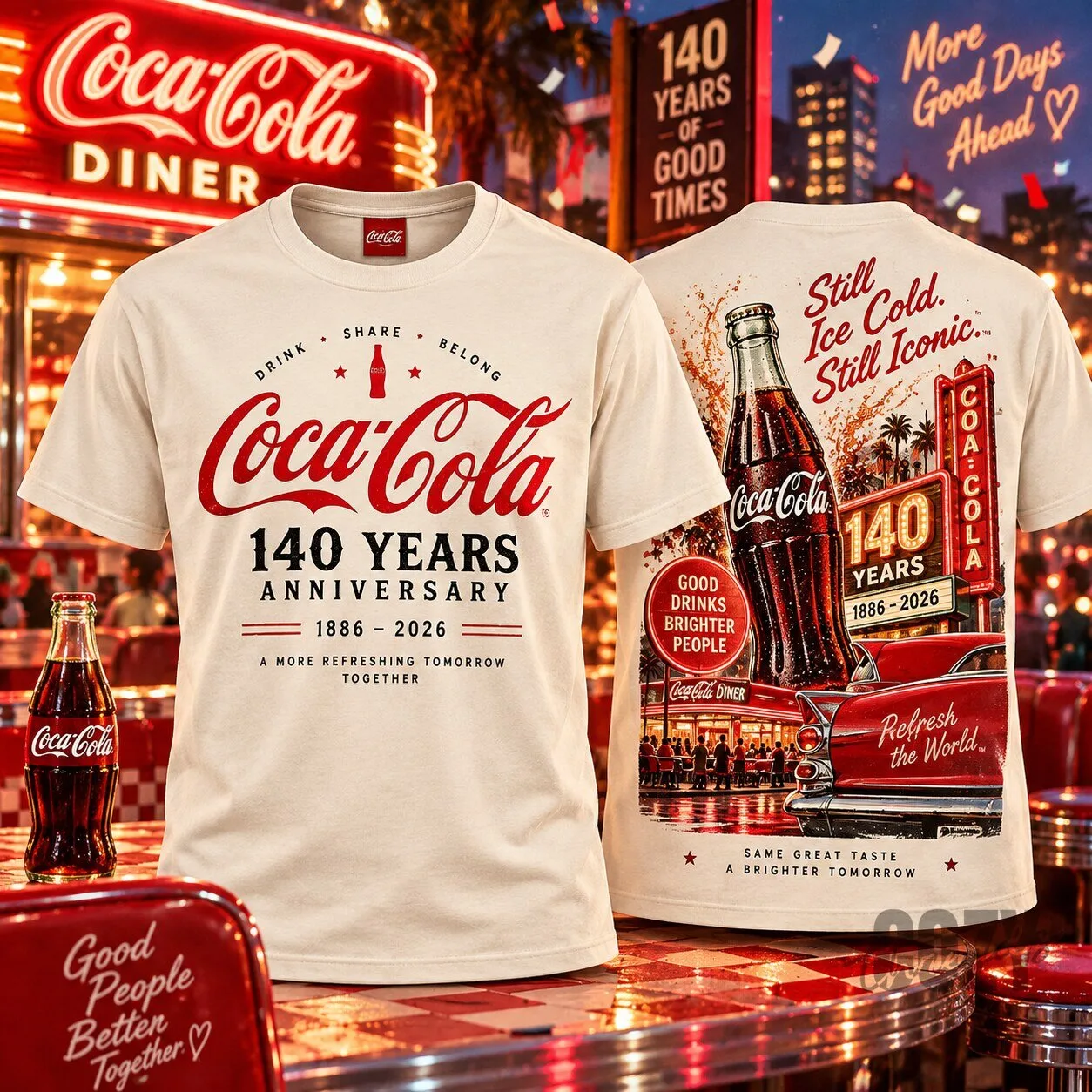 Coca-Cola 140 Years Anniversary 1886-2026 Diner Classic Bottle T-Shirt