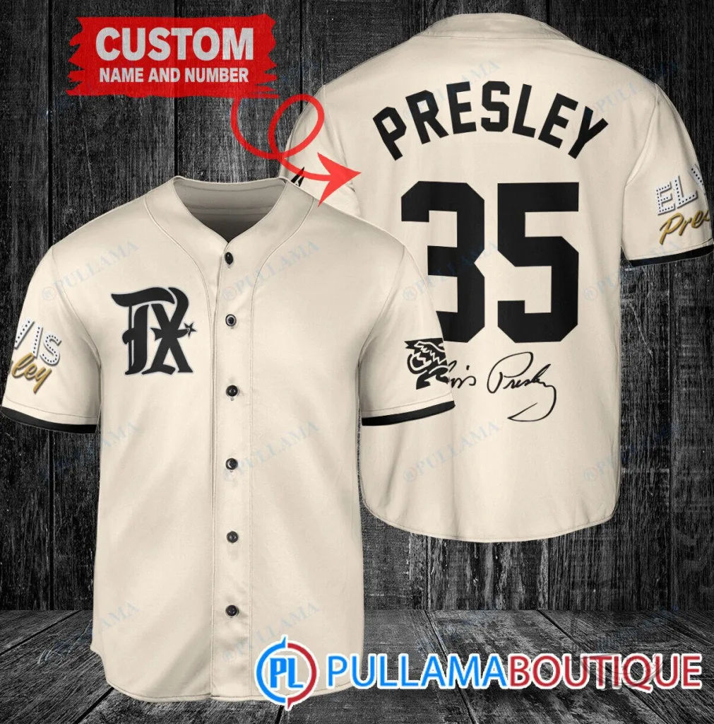 Texas Rangers Baseball Elvis Presley Personalized Cream Baseball Jersey 46 Texas Rangers Baseball Elvis Presley Personalized Cream Baseball Jersey