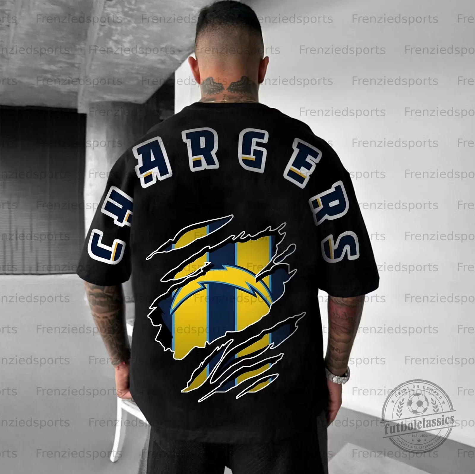Los Angeles Chargers Distressed Logo Black Football T-Shirt