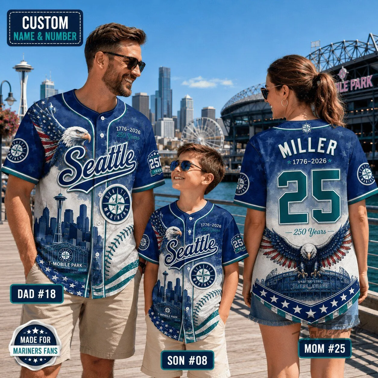 Seattle Mariners Baseball Jersey Custom Name and Number Family Set