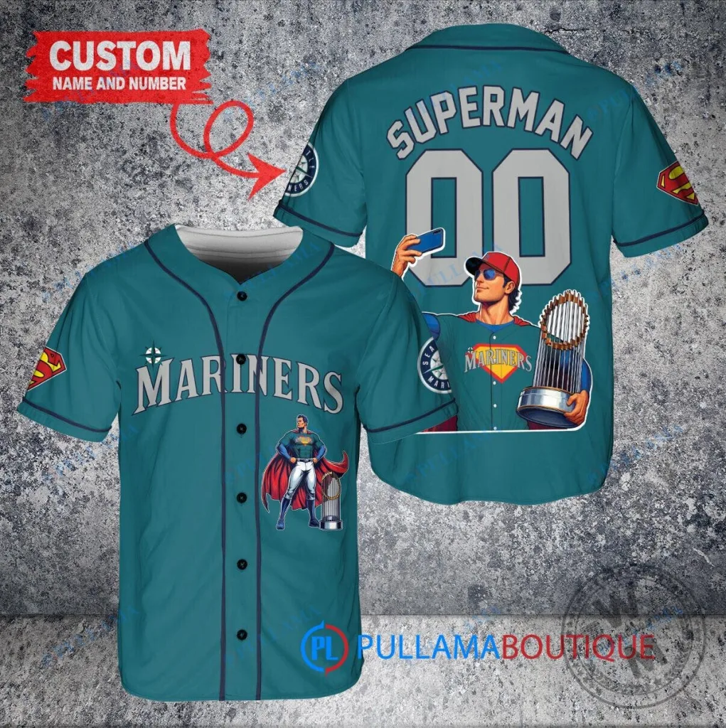 Seattle Mariners Baseball Superman DC Comics World Series Trophy Custom Baseball Jersey 4 Seattle Mariners Baseball Superman DC Comics World Series Trophy Custom Baseball Jersey