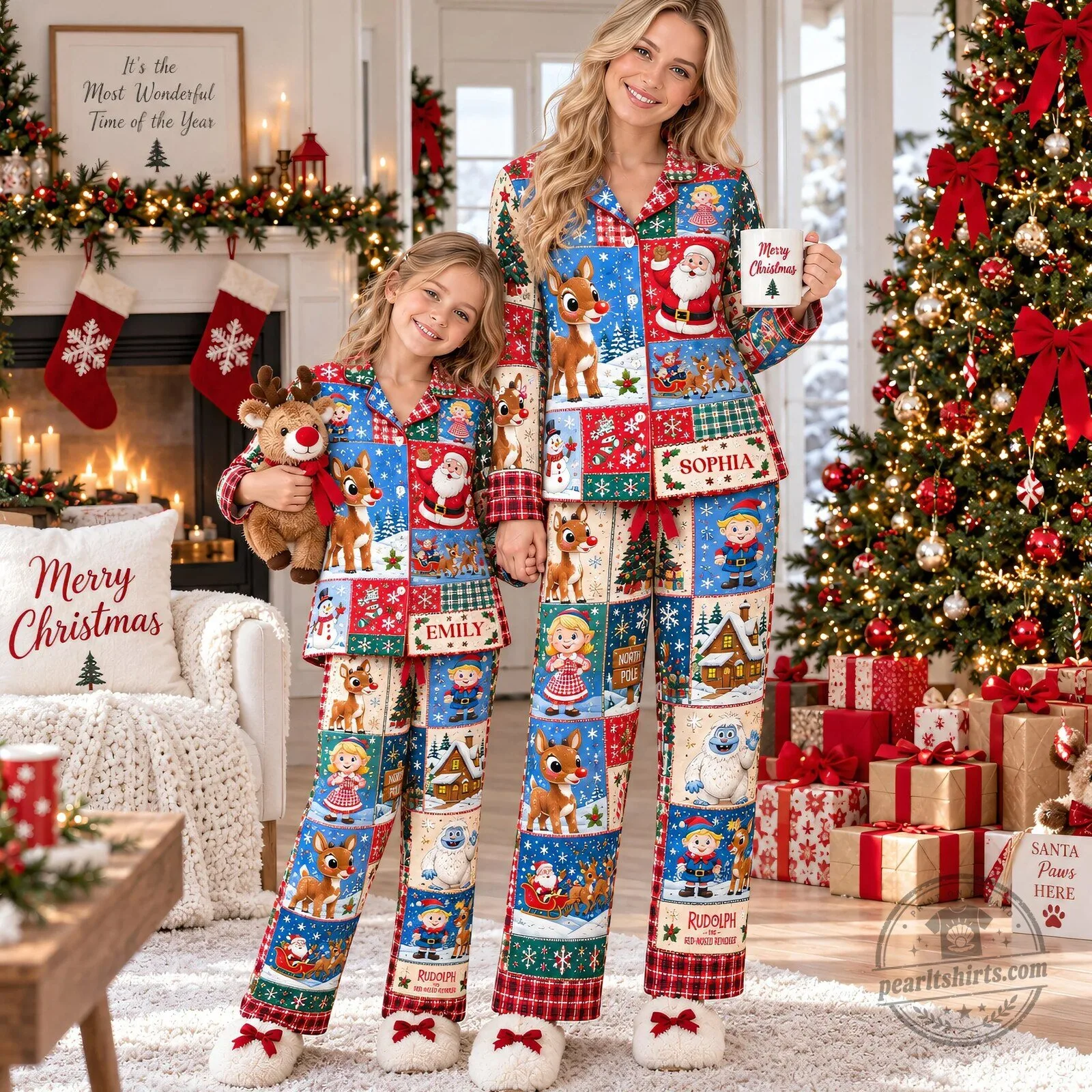 Christmas Holiday Patchwork Santa Rudolph Snowman Pajamas Set
