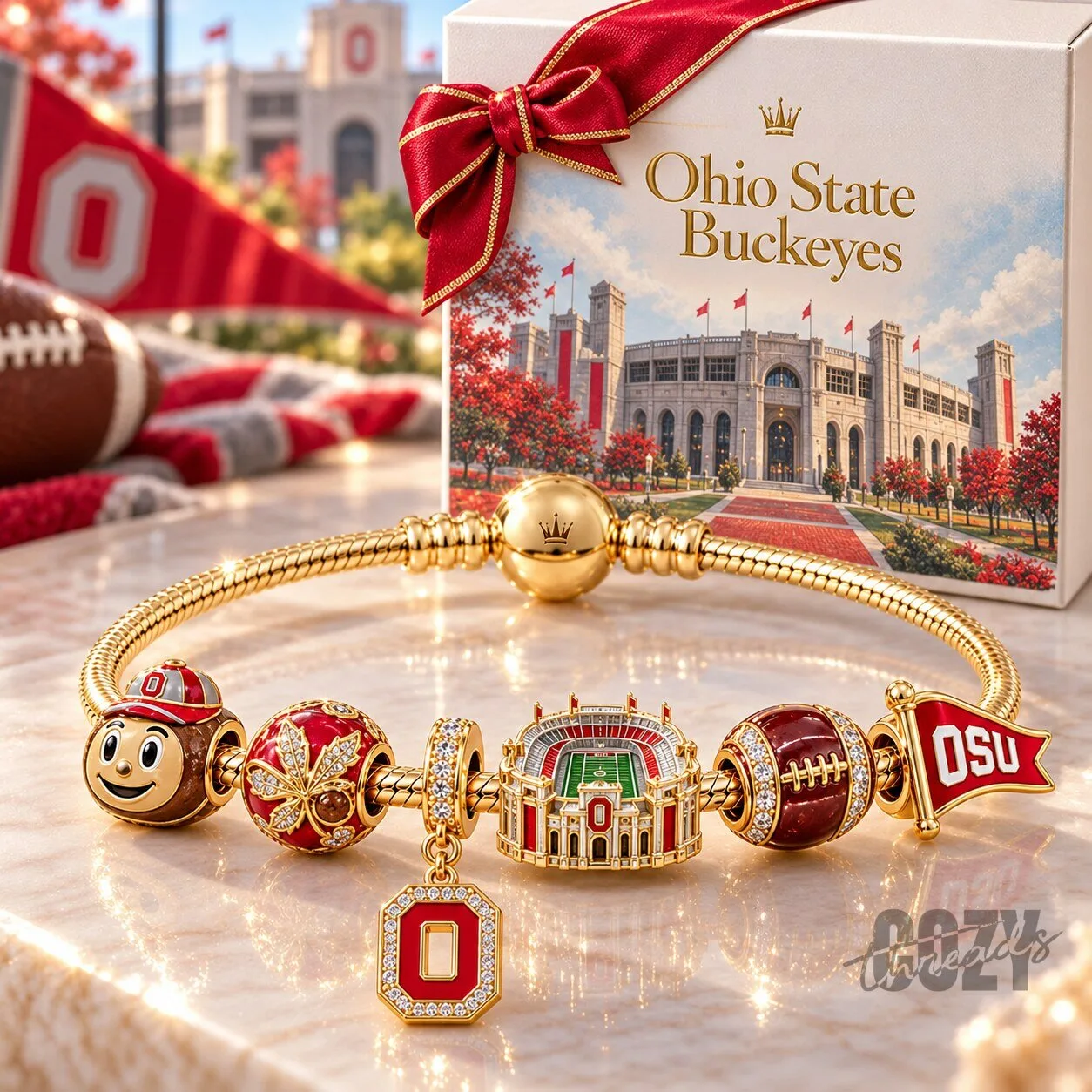 Ohio State Buckeyes Football Stadium Charm Bracelet with Gold Finish