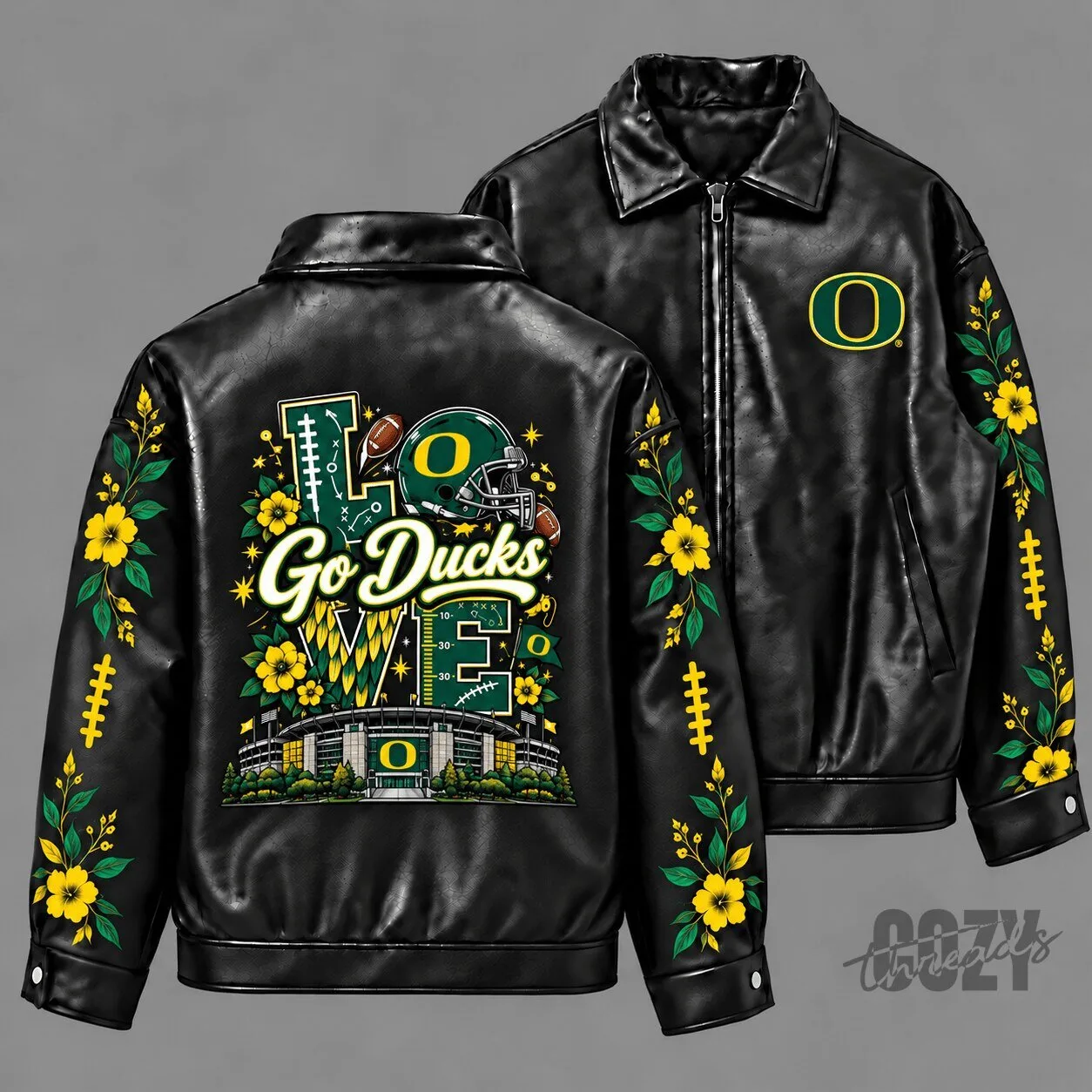 Oregon Ducks Love Floral Black Leather Jacket with Stadium Design