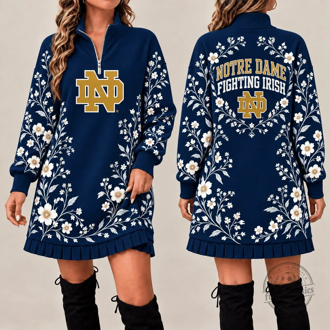 Notre Dame Fighting Irish Floral Quarter-Zip Sweatshirt Dress