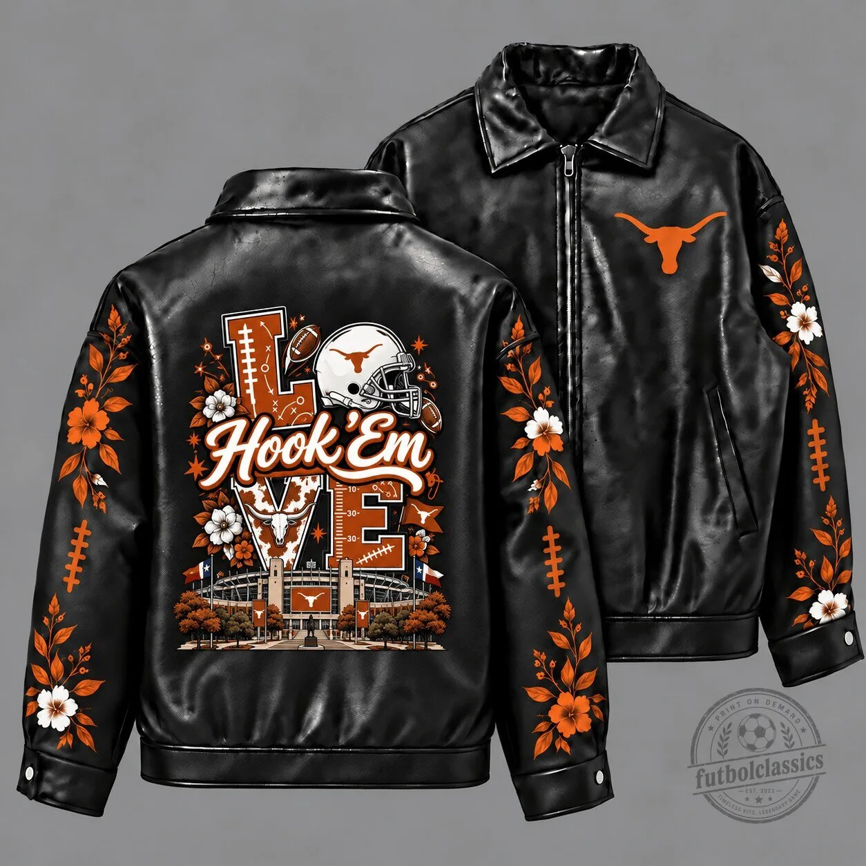 Texas Longhorns Hook 'Em Floral Black Leather Jacket