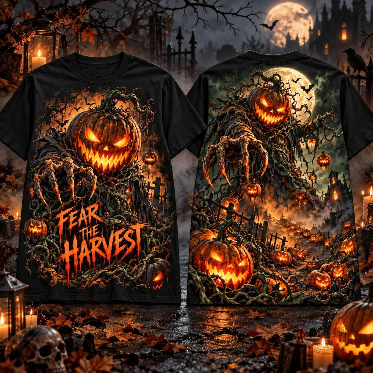 Fear The Harvest Jack O' Lantern Monster Haunted Graveyard Halloween T-Shirt