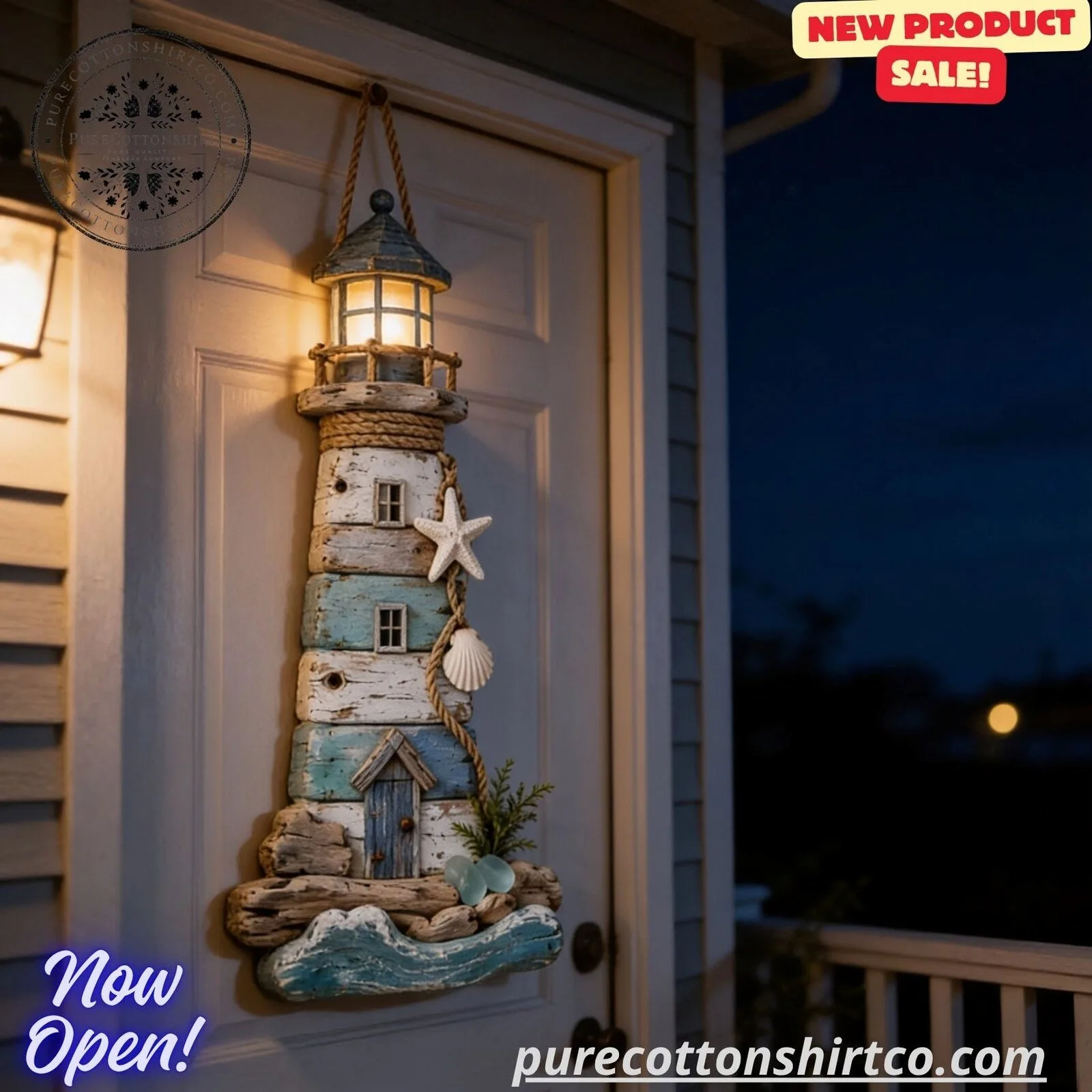 Lighted Wooden Lighthouse Wall Hanging Sign – Coastal Nautical Porch Decor